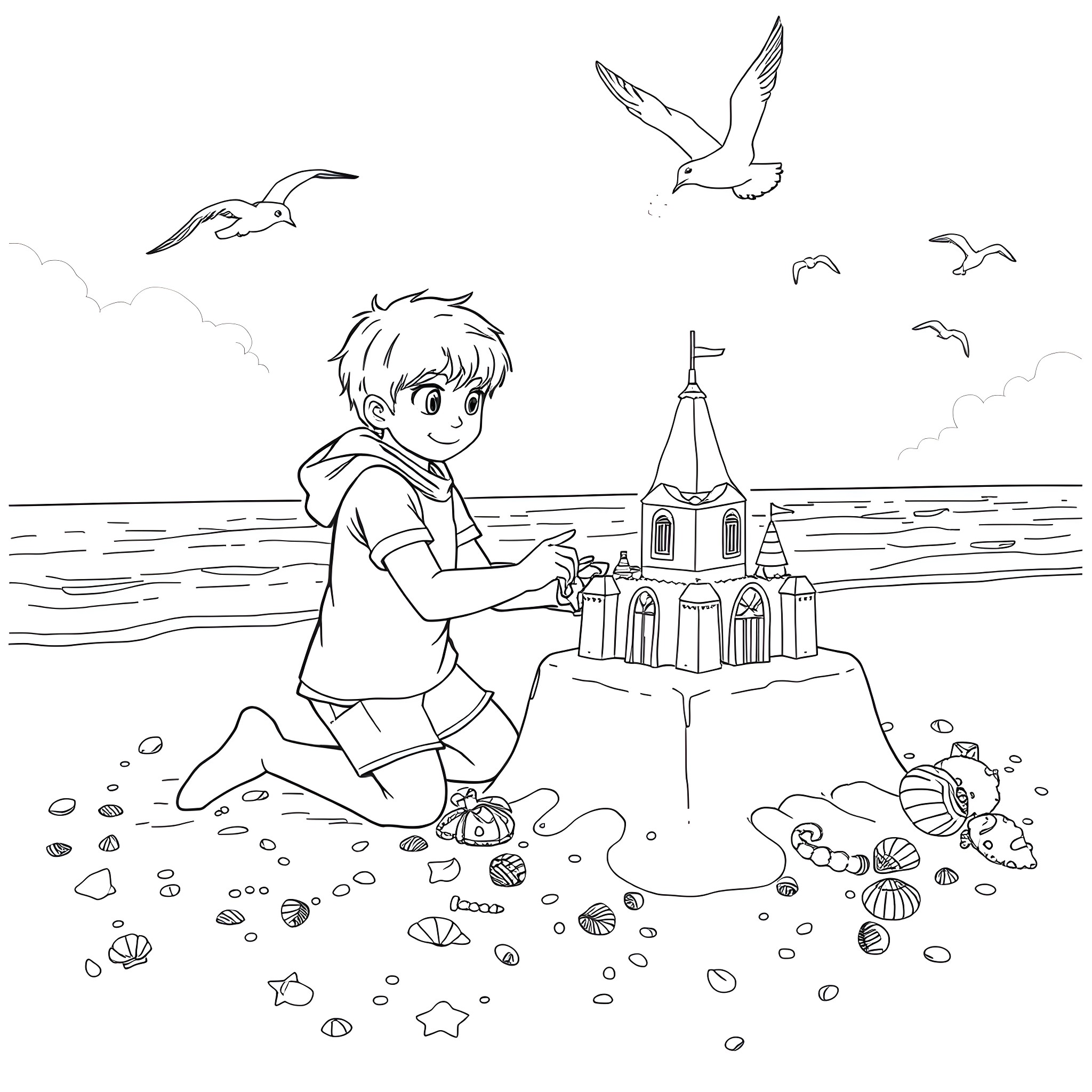 Sand Castle Building by a Boy on the Beach Coloring Page (free black-and-white line drawing printable PDF for all, from beginners to advanced learners, including children, teens, adults, and seniors)