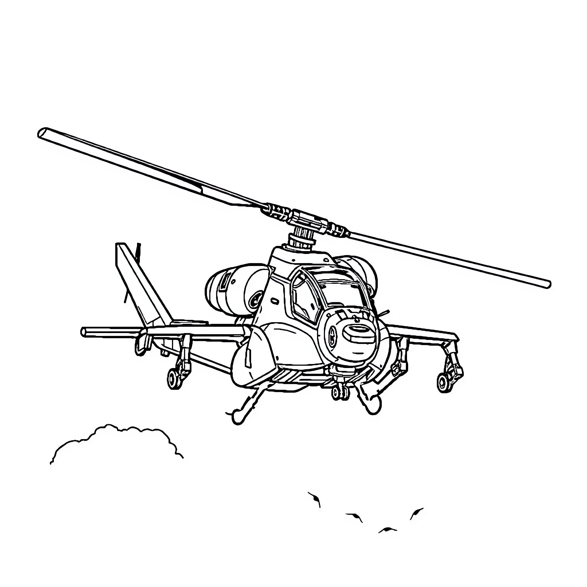 Boeing AH-64 Apache helicopter in flight Coloring Page (free black-and-white line drawing printable PDF for all, from beginners to advanced learners, including children, teens, adults, and seniors)