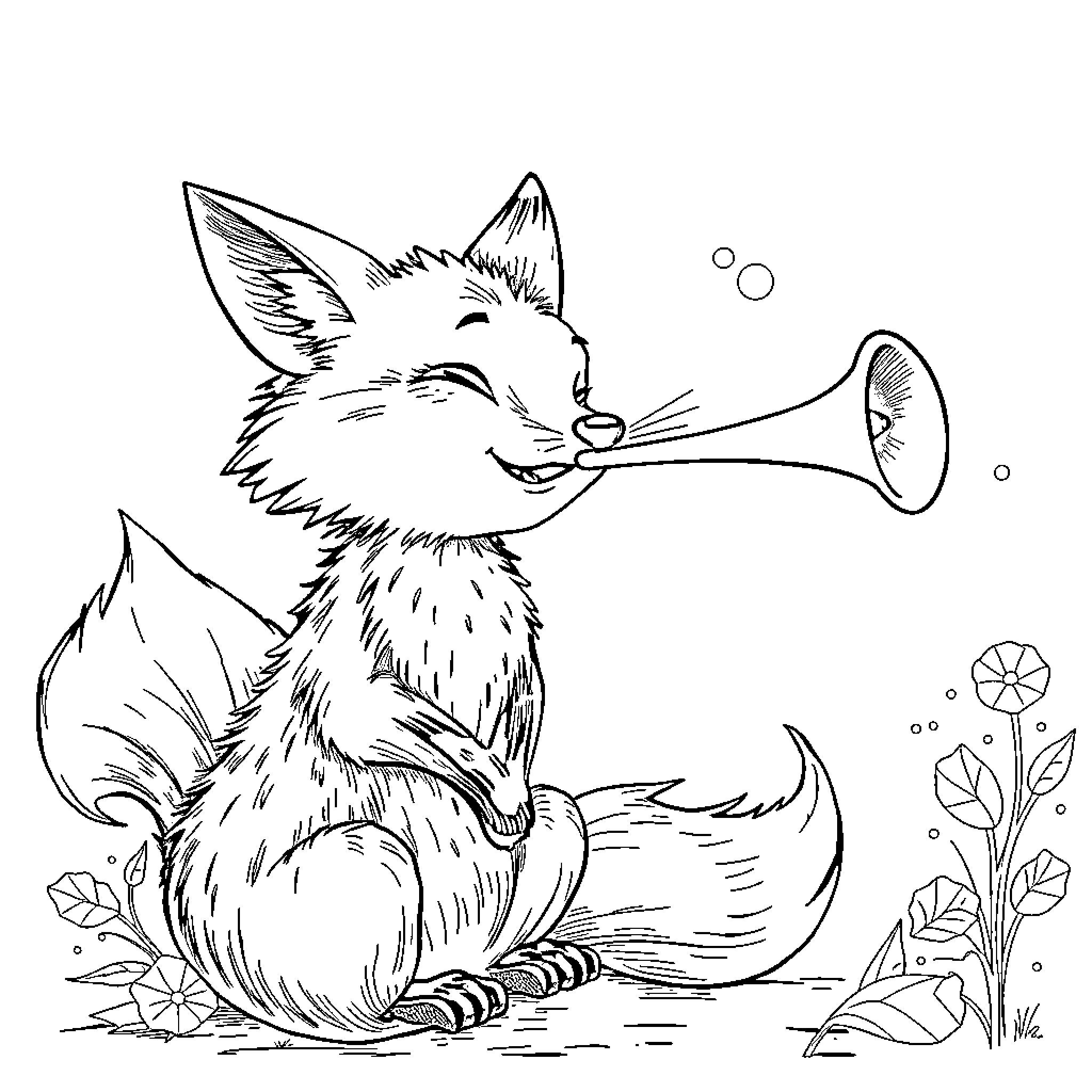 Fox blowing bubbles in the forest Coloring Page (free black-and-white line drawing printable PDF for all, from beginners to advanced learners, including children, teens, adults, and seniors)