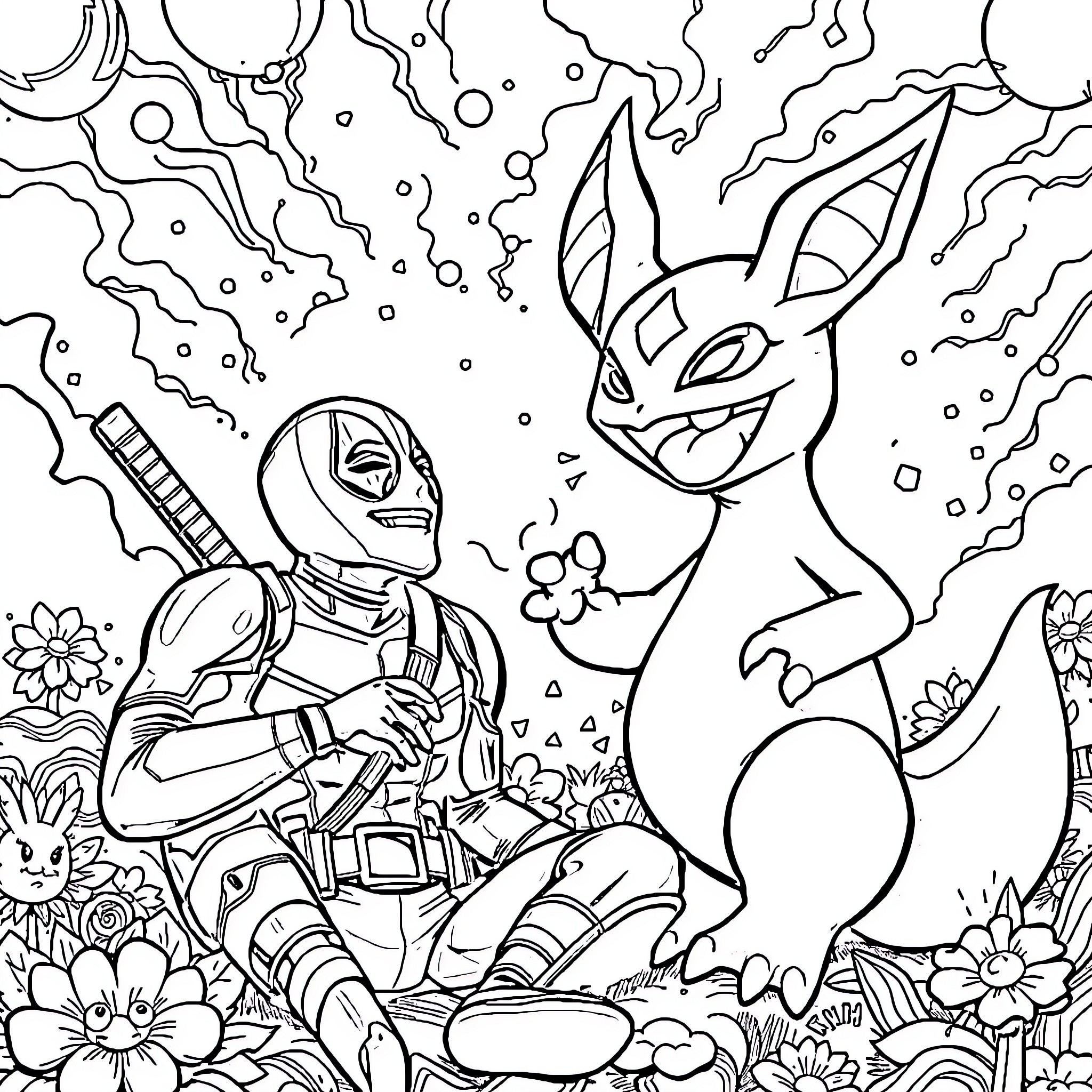Deadpool and Eevee's Fantastical Adventure Coloring Page (free black-and-white line drawing printable PDF for all, from beginners to advanced learners, including children, teens, adults, and seniors)