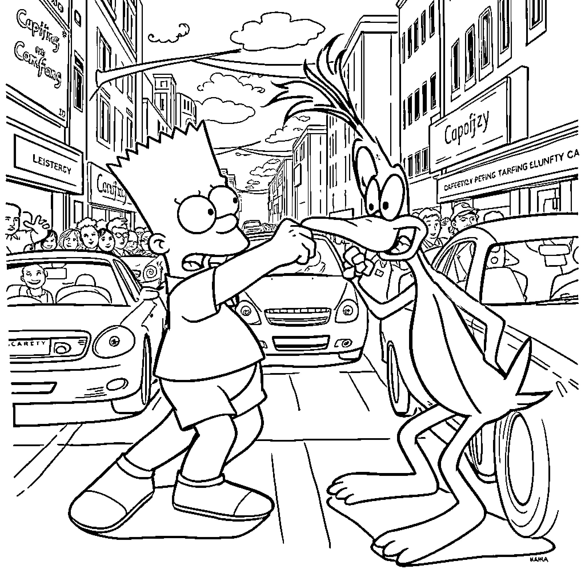 Bart Simpson's Comical Adventure in the City Coloring Page (free black-and-white line drawing printable PDF for all, from beginners to advanced learners, including children, teens, adults, and seniors)