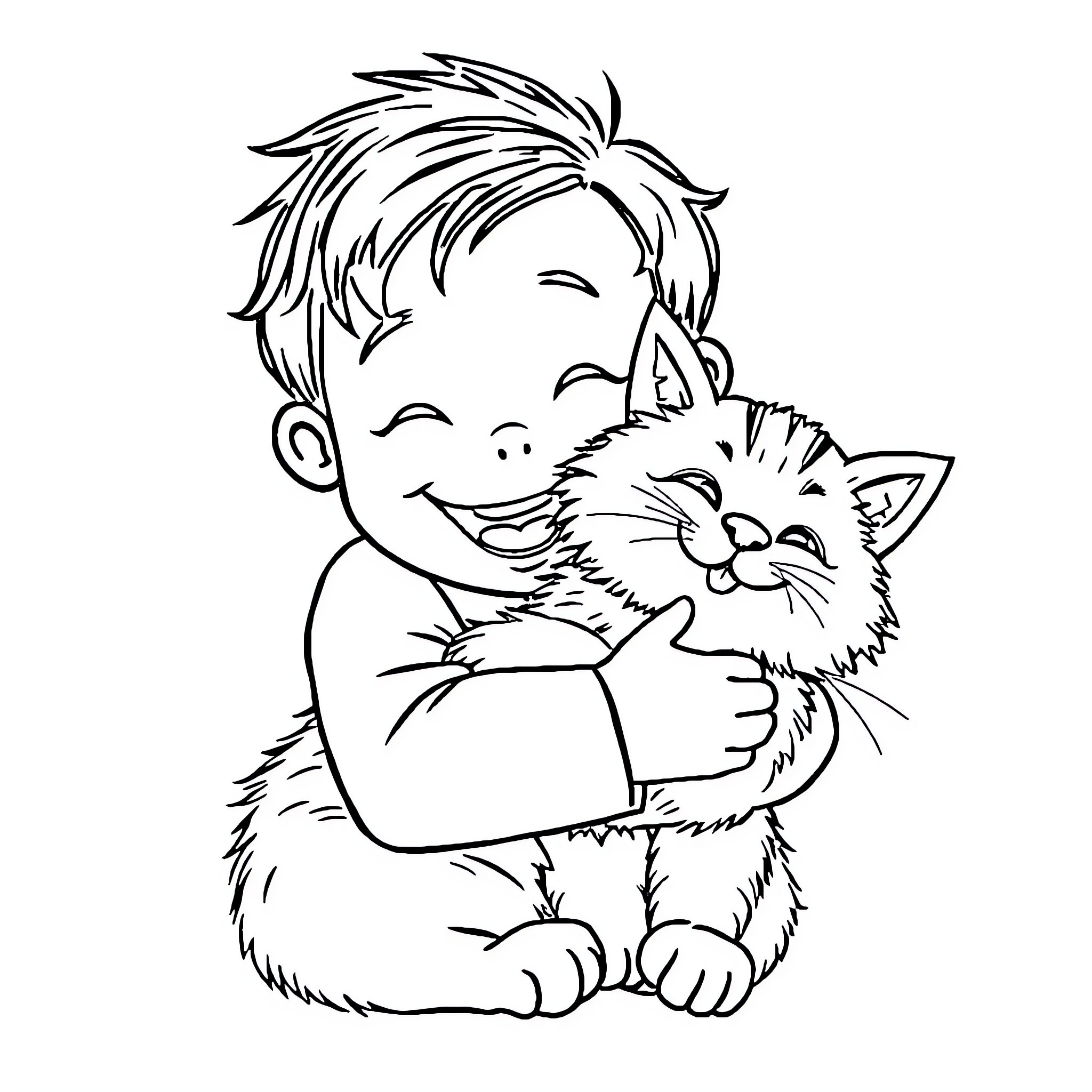 Child hugging a happy kitten Coloring Page (free black-and-white line drawing printable PDF for all, from beginners to advanced learners, including children, teens, adults, and seniors)