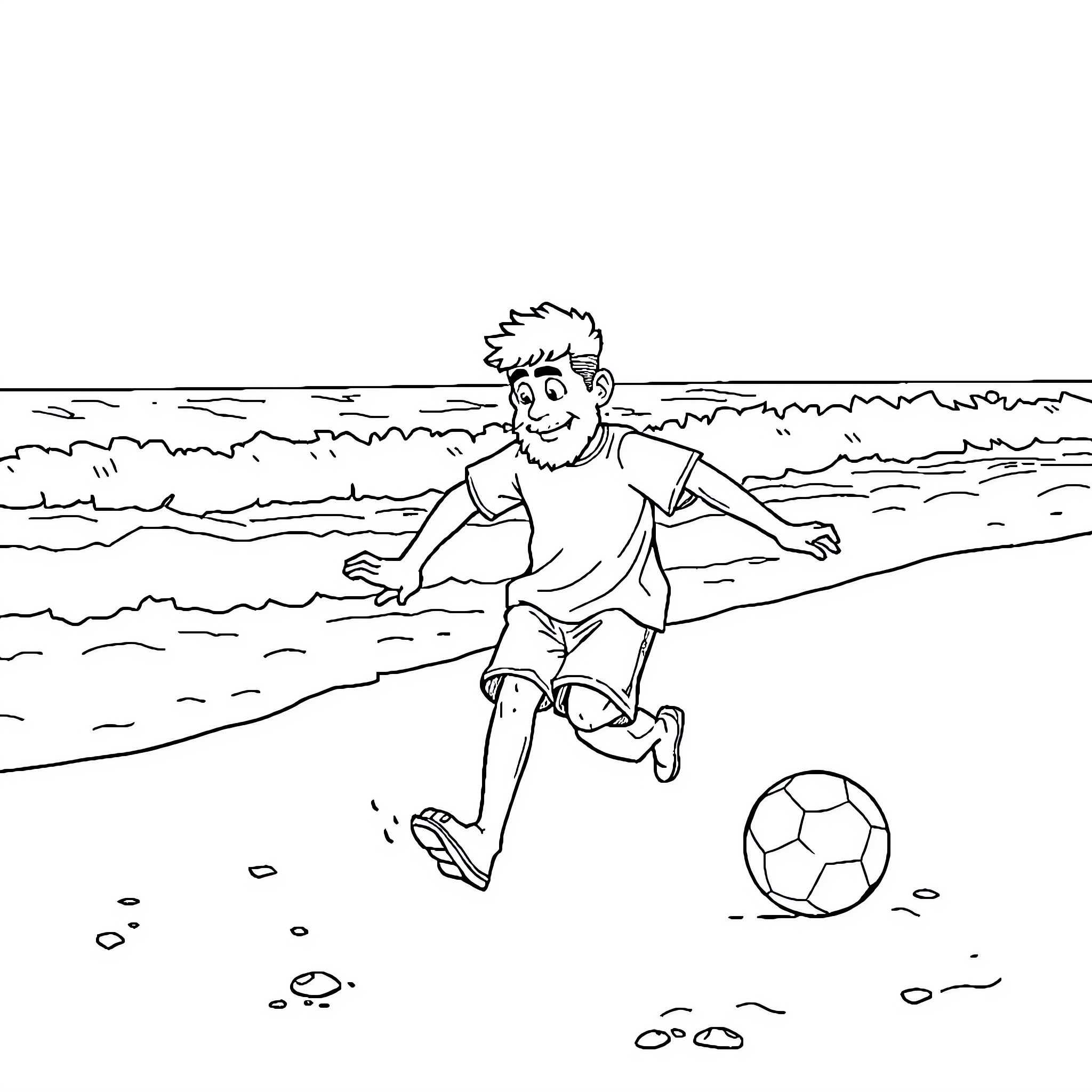 Bassem playing with a soccer ball on the beach Coloring Page (free black-and-white line drawing printable PDF for all, from beginners to advanced learners, including children, teens, adults, and seniors)