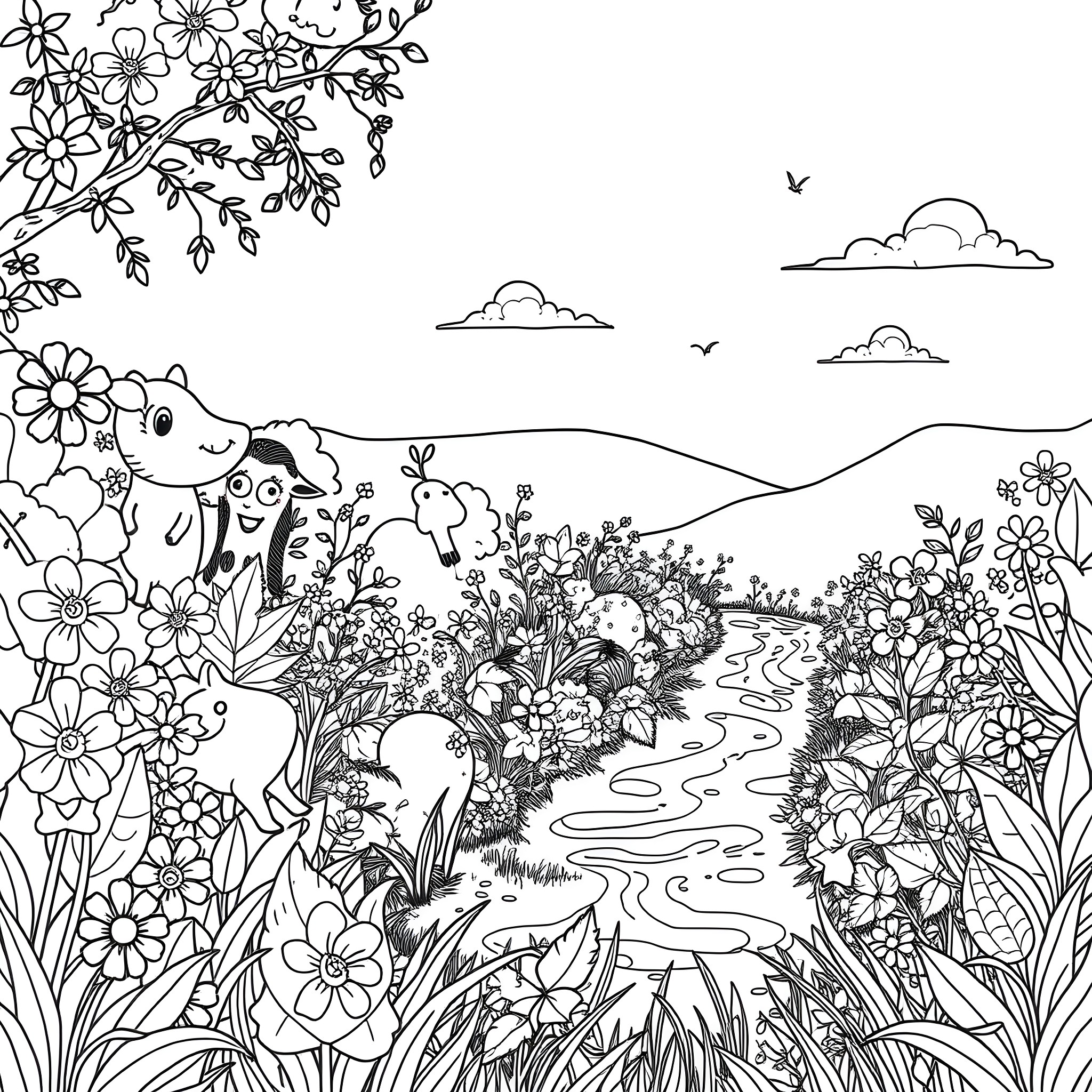 Nature's Enchanting Floral Landscape Coloring Page (free black-and-white line drawing printable PDF for all, from beginners to advanced learners, including children, teens, adults, and seniors)