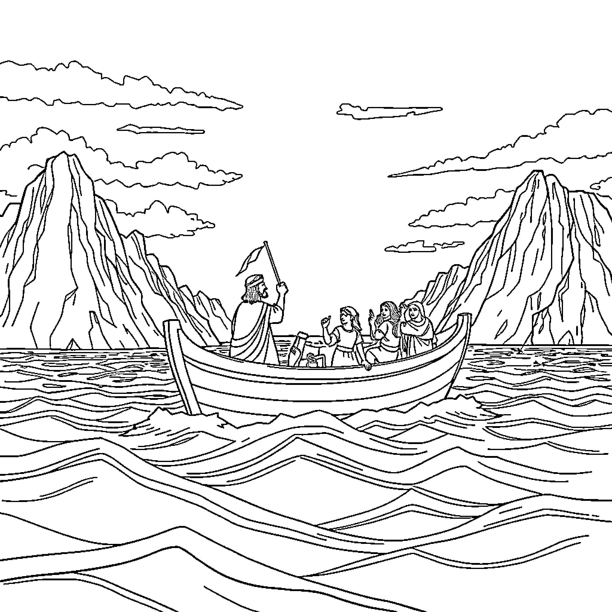 Moses leading people through the parting sea Coloring Page (free black-and-white line drawing printable PDF for all, from beginners to advanced learners, including children, teens, adults, and seniors)