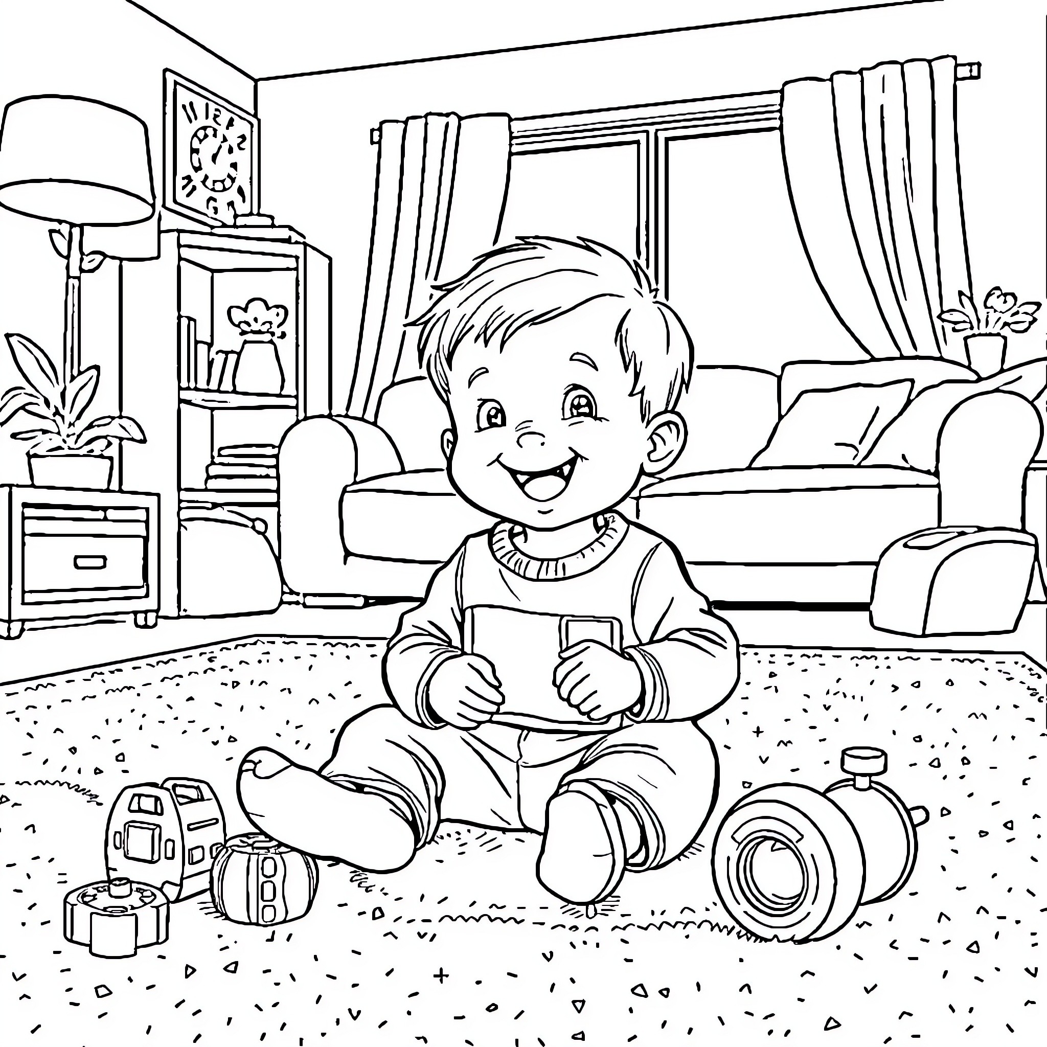 Boy playing with toys in his living room Coloring Page (free black-and-white line drawing printable PDF for all, from beginners to advanced learners, including children, teens, adults, and seniors)