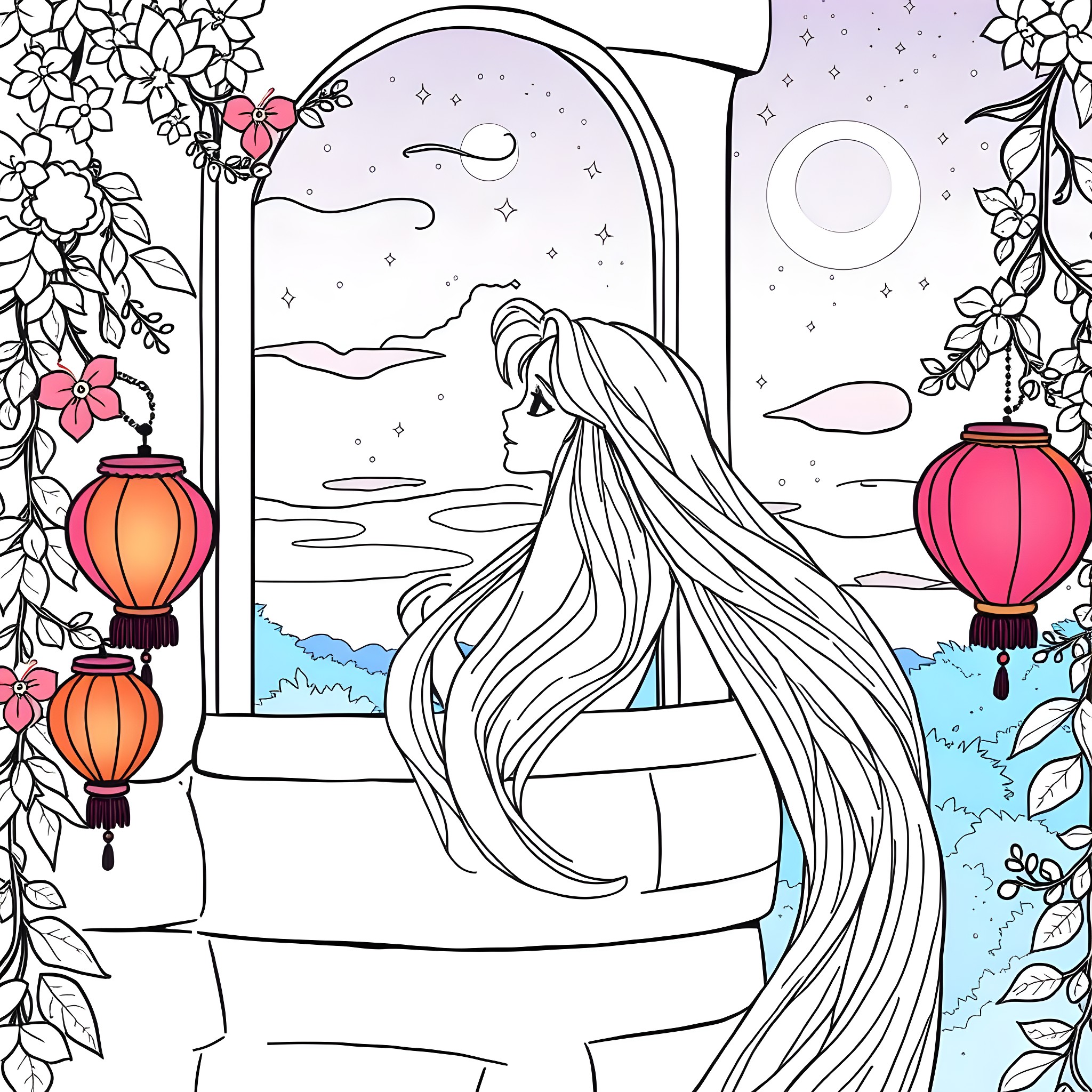Rapunzel admiring the night sky through her window Coloring Page (free black-and-white line drawing printable PDF for all, from beginners to advanced learners, including children, teens, adults, and seniors)