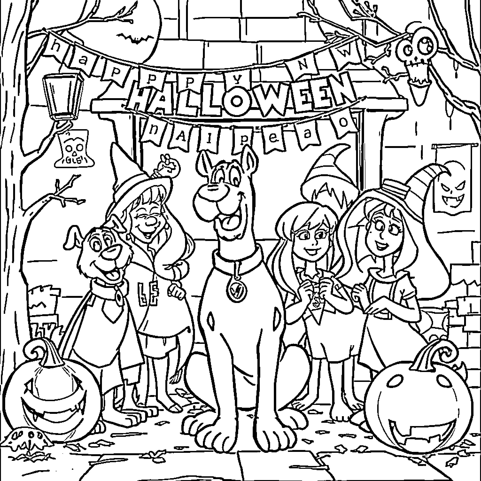 Scooby Doo and the Gang Celebrate Halloween Coloring Page (free black-and-white line drawing printable PDF for all, from beginners to advanced learners, including children, teens, adults, and seniors)