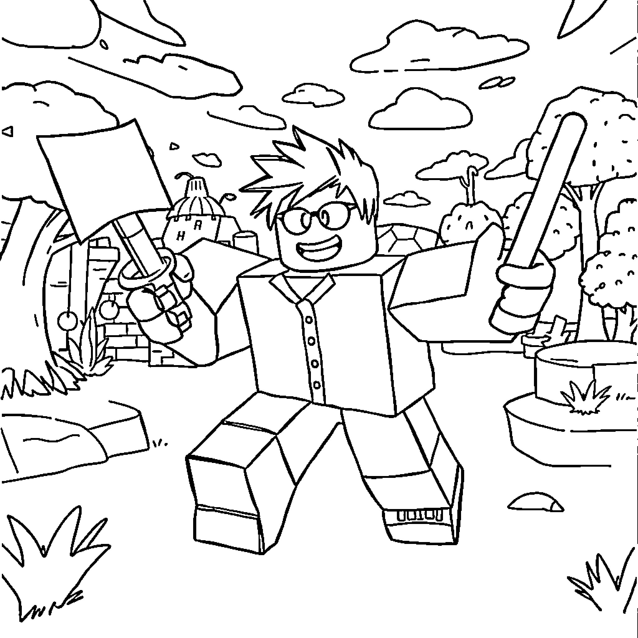 Roblox character explores outdoor adventure Coloring Page (free black-and-white line drawing printable PDF for all, from beginners to advanced learners, including children, teens, adults, and seniors)