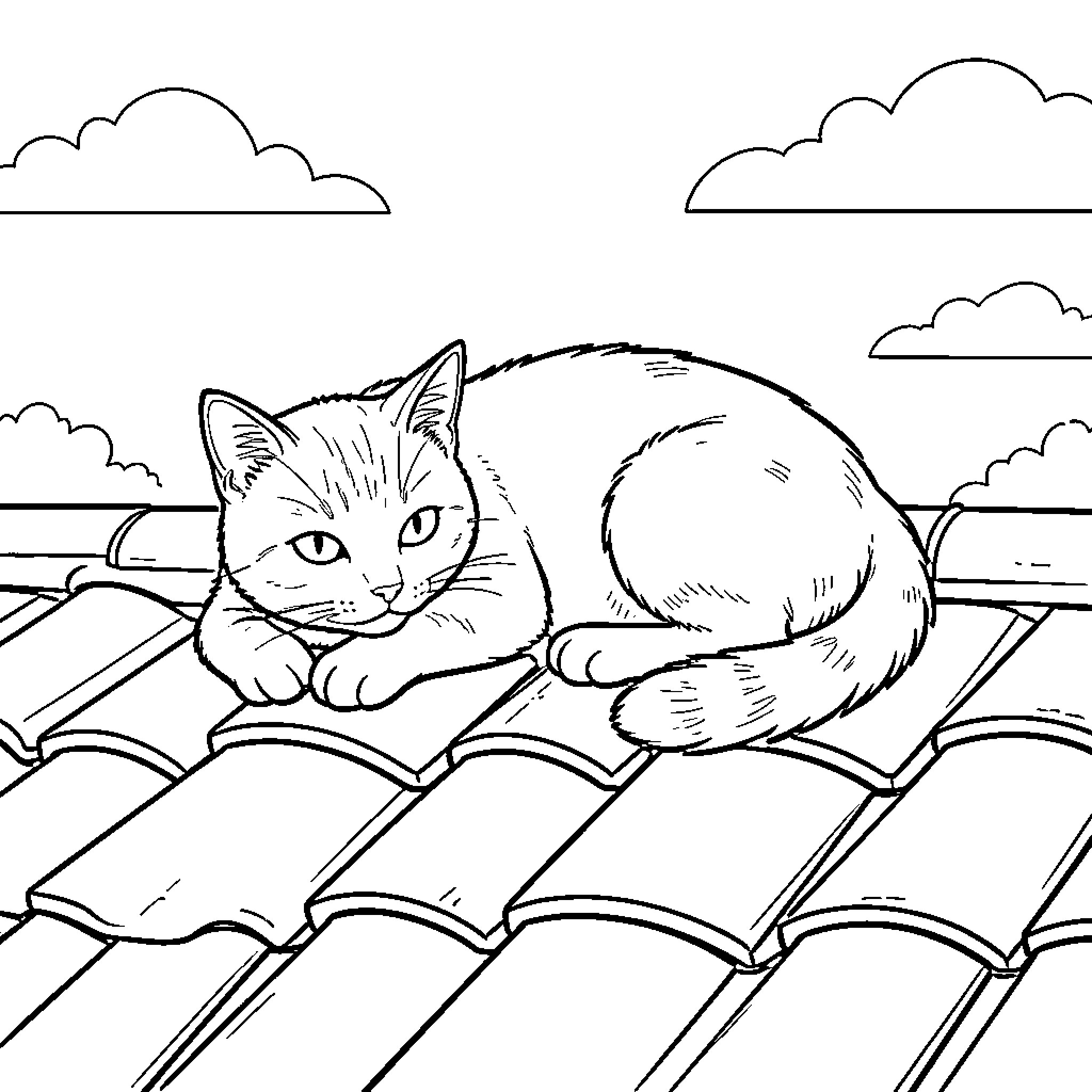 Cat resting peacefully on the rooftop Coloring Page (free black-and-white line drawing printable PDF for all, from beginners to advanced learners, including children, teens, adults, and seniors)