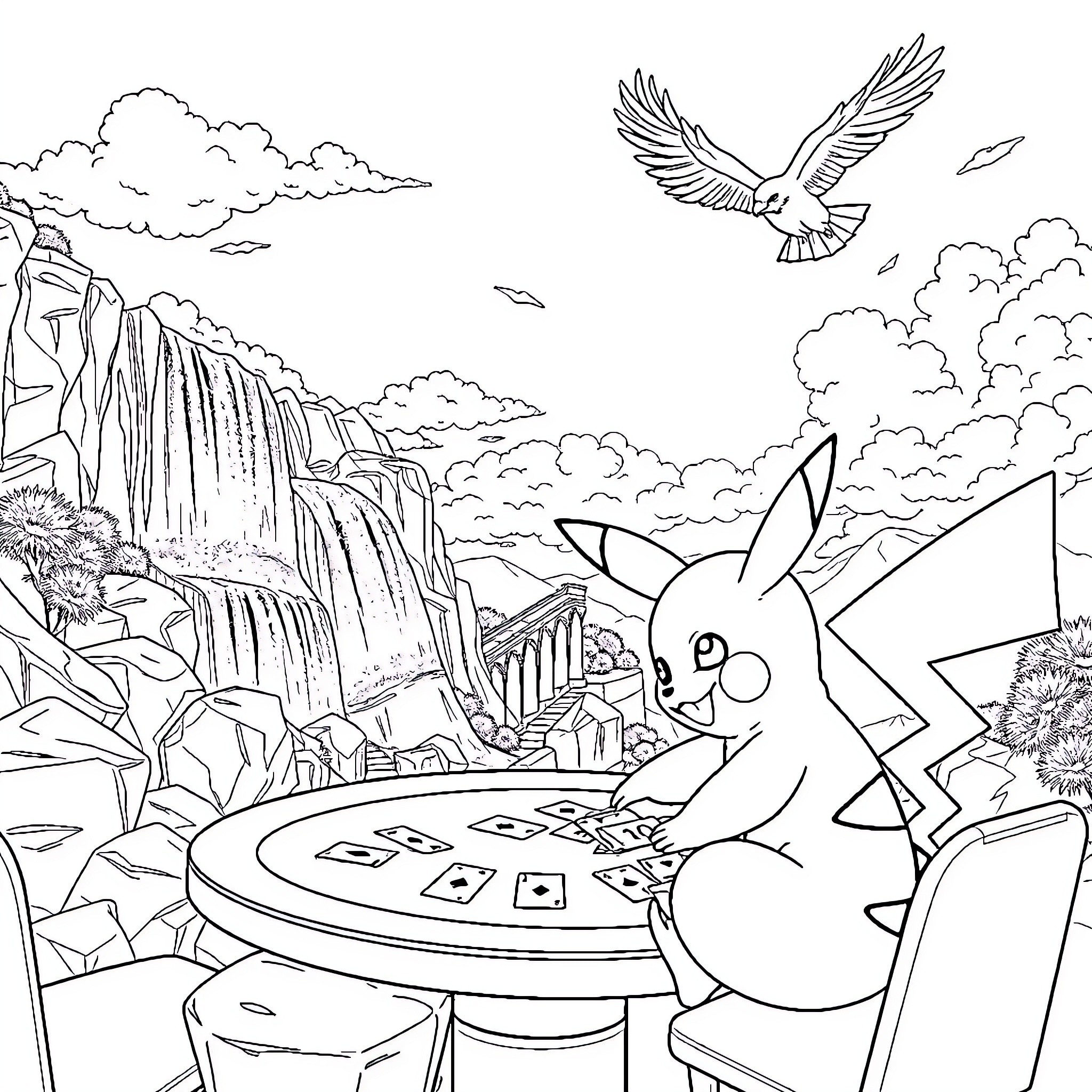 Pikachu exploring a fantastical landscape Coloring Page (free black-and-white line drawing printable PDF for all, from beginners to advanced learners, including children, teens, adults, and seniors)