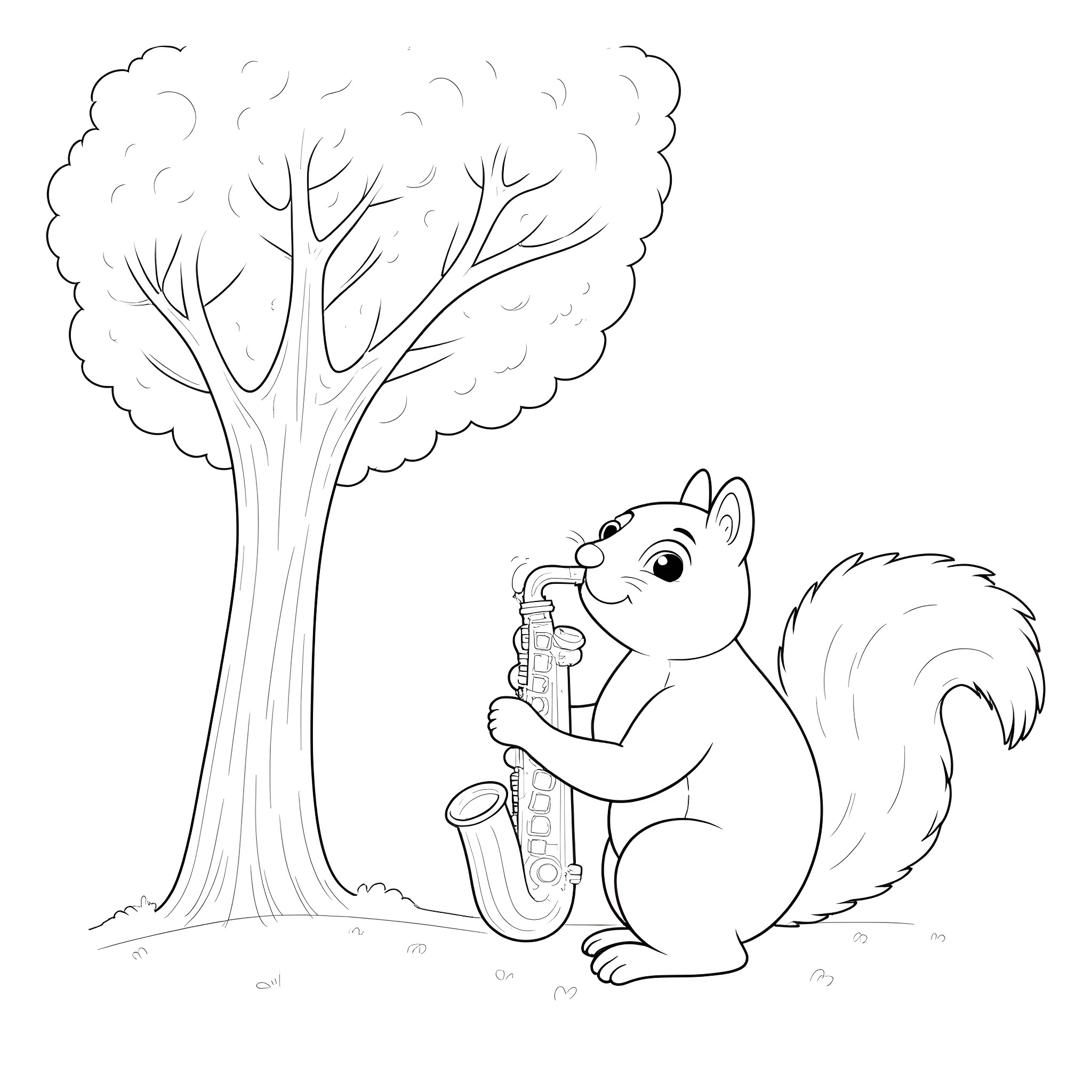 Squirrel playing saxophone under a tree Coloring Page (free black-and-white line drawing printable PDF for all, from beginners to advanced learners, including children, teens, adults, and seniors)