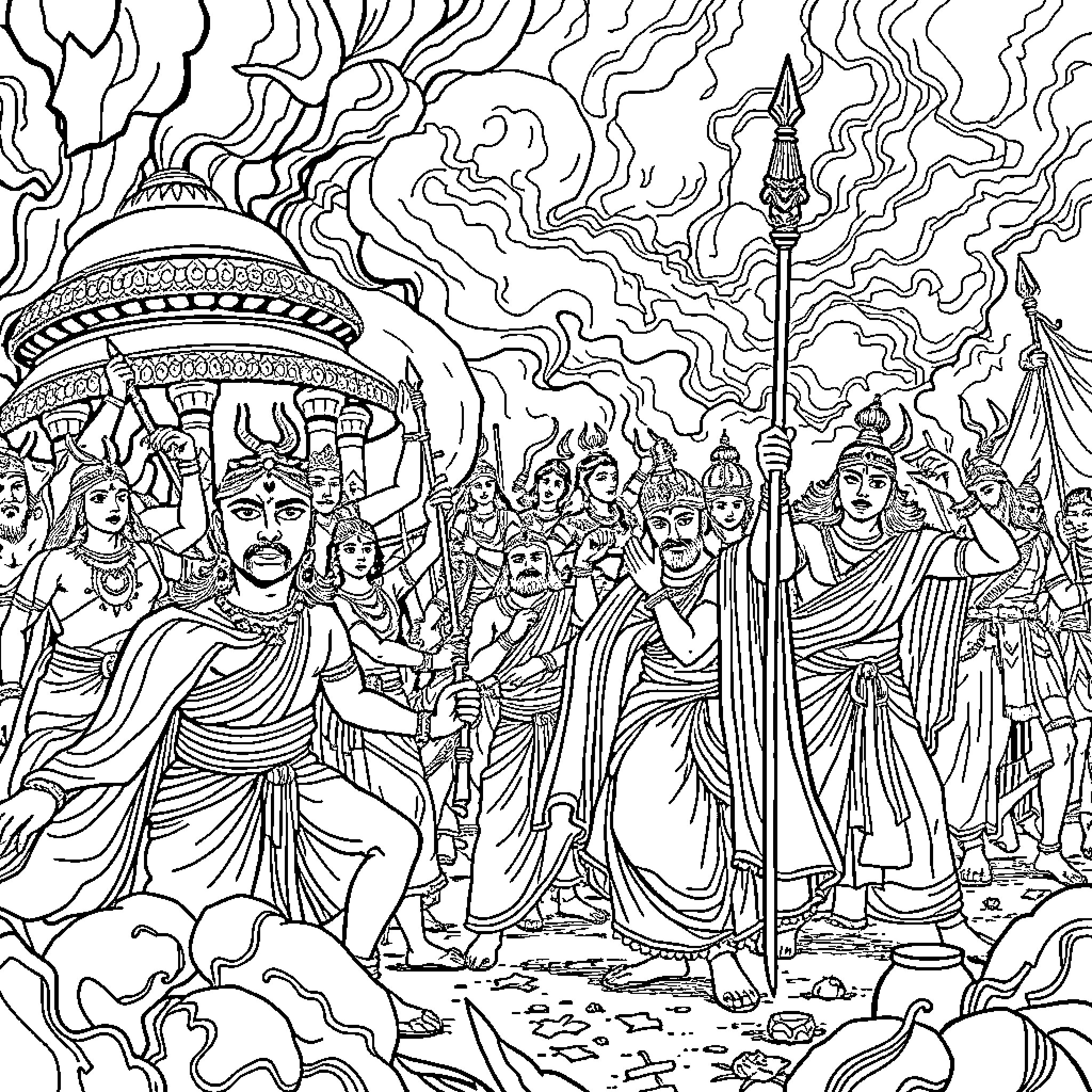 Mahabharat - Epic Battle Scene with Warring Armies Coloring Page (free black-and-white line drawing printable PDF for all, from beginners to advanced learners, including children, teens, adults, and seniors)