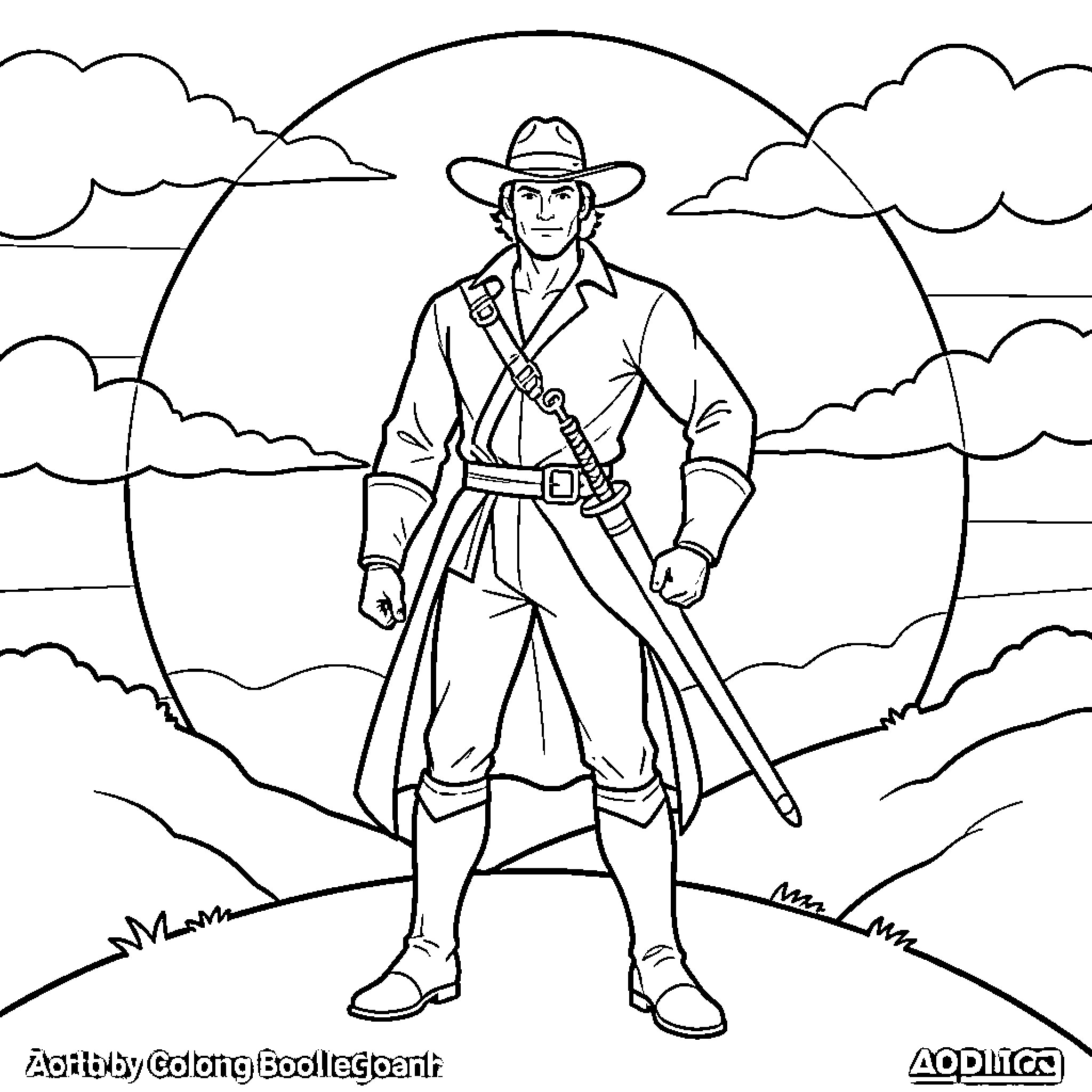 Zorro the swashbuckling hero in action Coloring Page (free black-and-white line drawing printable PDF for all, from beginners to advanced learners, including children, teens, adults, and seniors)
