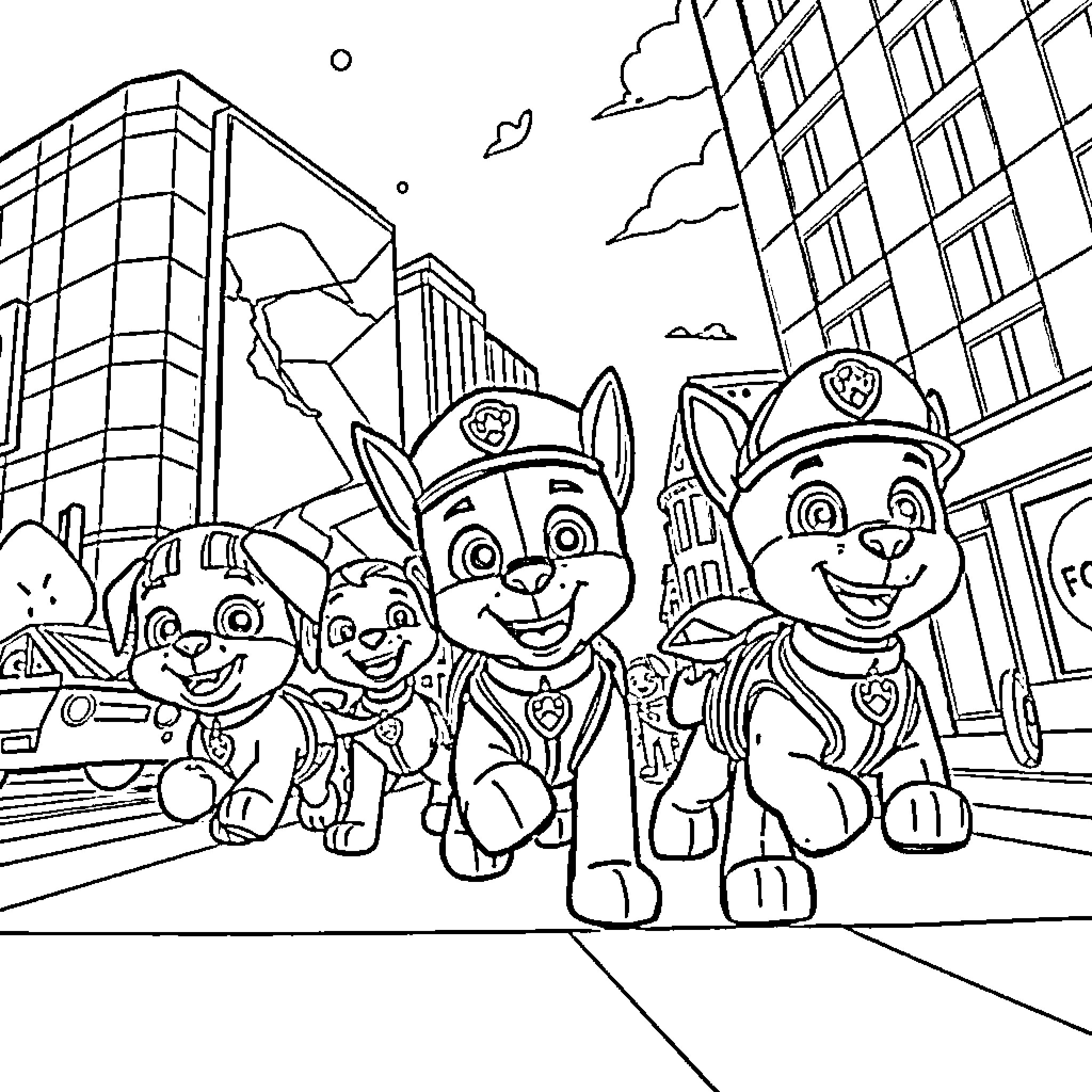Paw Patrol Puppies in the City Coloring Page (free black-and-white line drawing printable PDF for all, from beginners to advanced learners, including children, teens, adults, and seniors)
