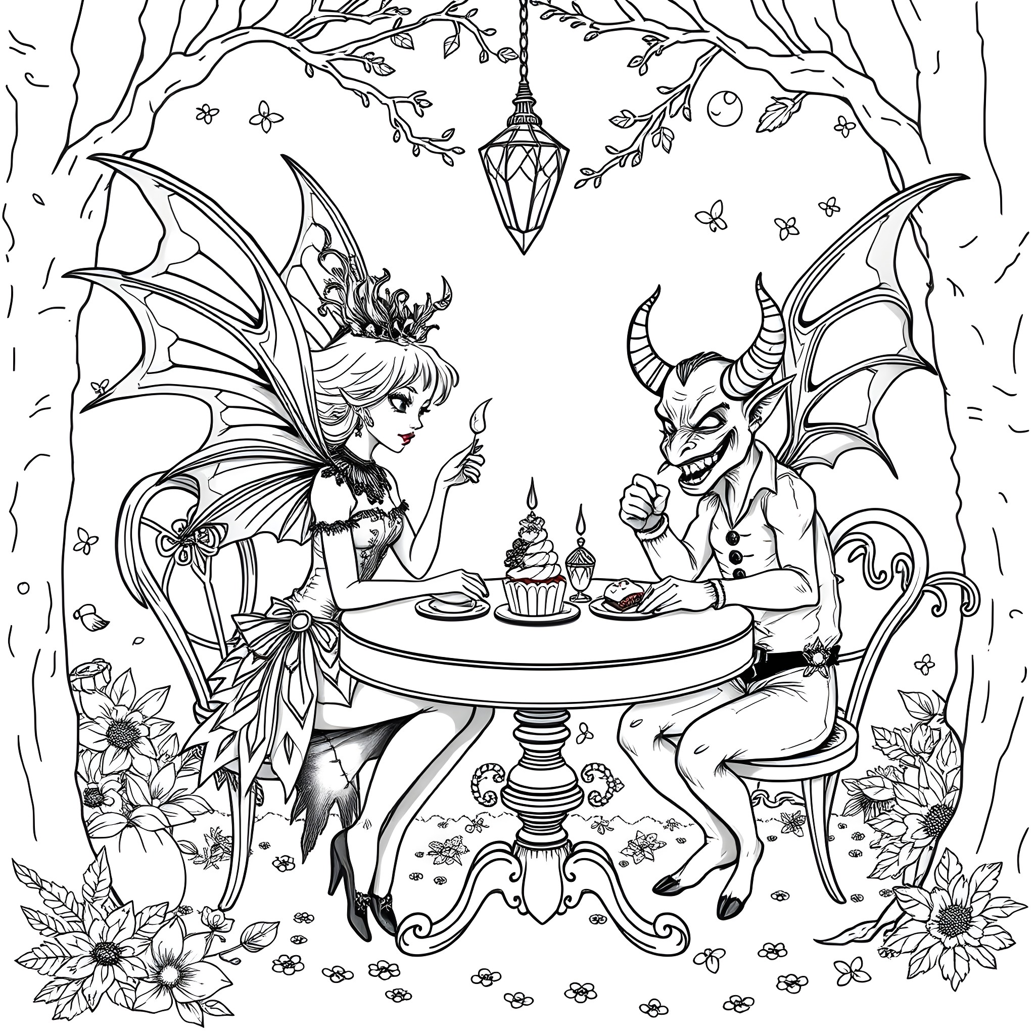 Fairy Tea Party with Enchanting Creatures Coloring Page (free black-and-white line drawing printable PDF for all, from beginners to advanced learners, including children, teens, adults, and seniors)