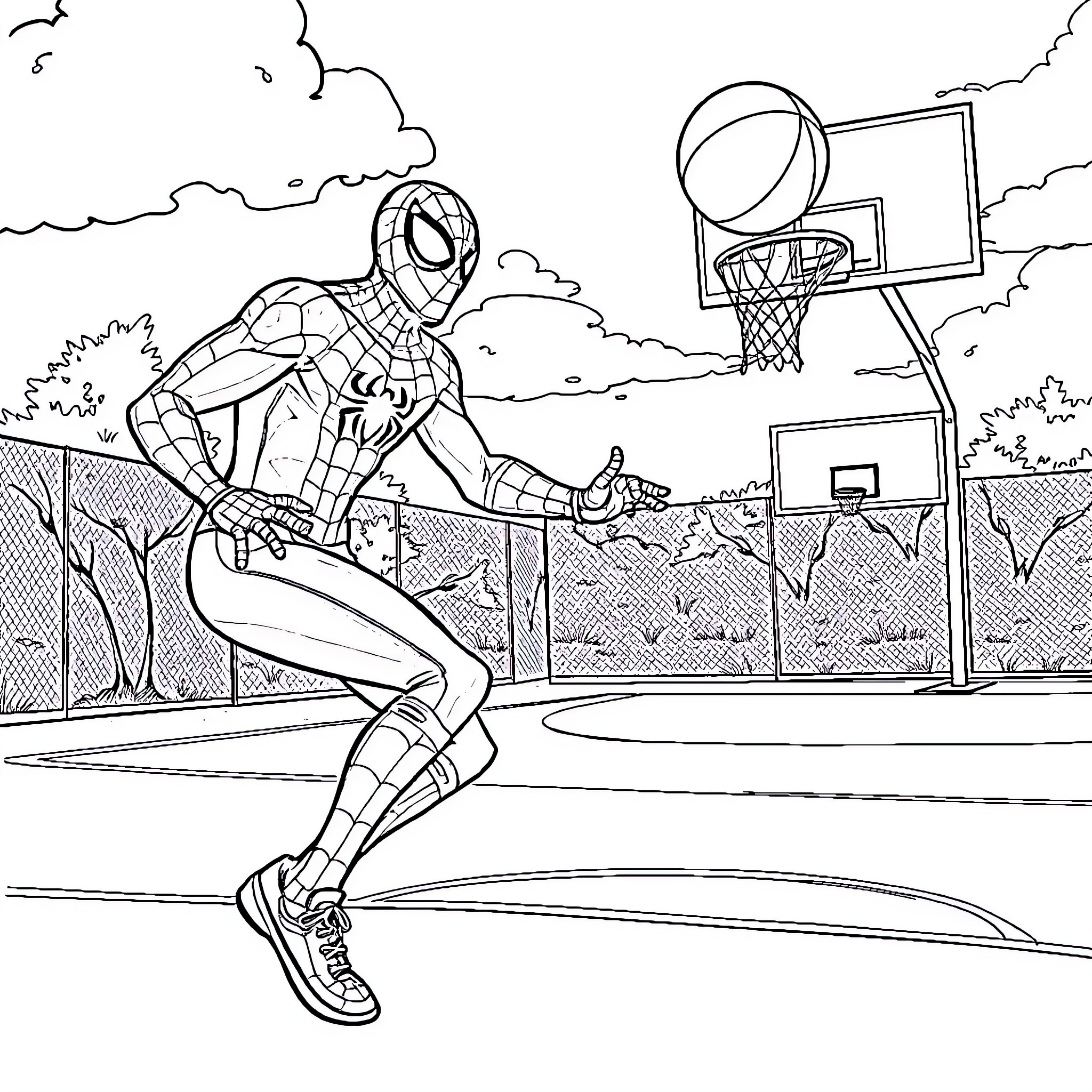 Spiderman playing basketball on the court Coloring Page (free black-and-white line drawing printable PDF for all, from beginners to advanced learners, including children, teens, adults, and seniors)