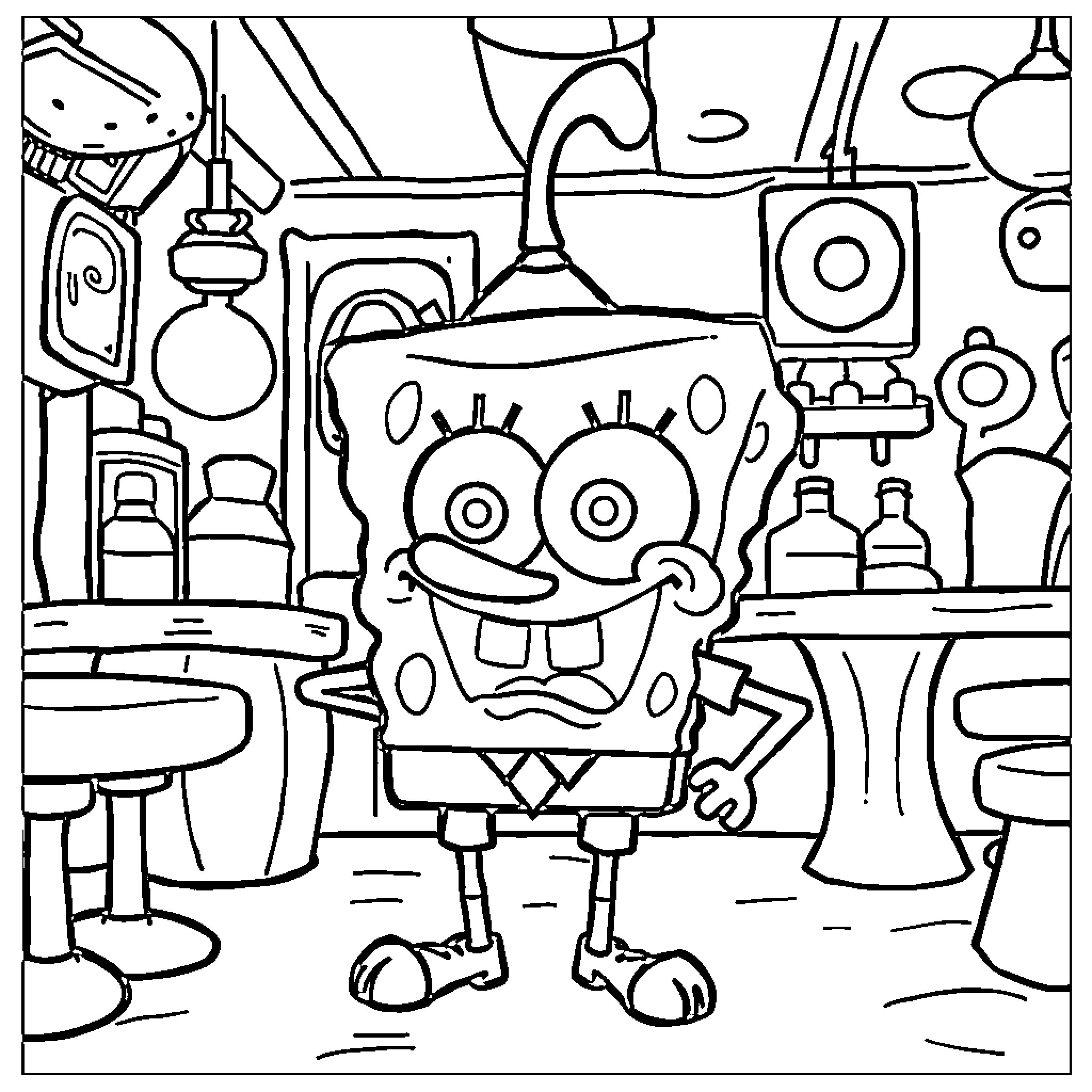Plankton in a busy laboratory setting Coloring Page (free black-and-white line drawing printable PDF for all, from beginners to advanced learners, including children, teens, adults, and seniors)