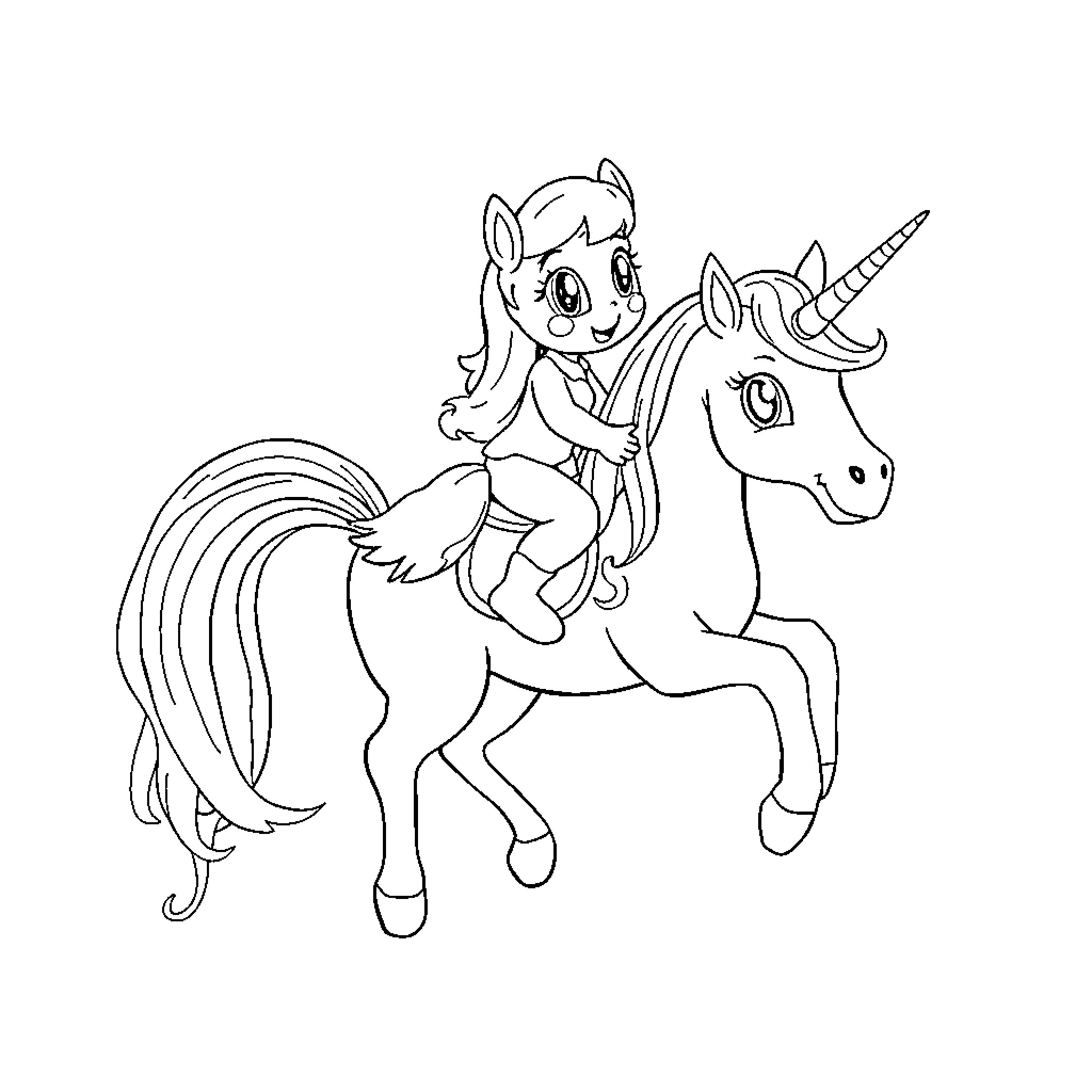 Bluey riding a magical unicorn in adventure Coloring Page (free black-and-white line drawing printable PDF for all, from beginners to advanced learners, including children, teens, adults, and seniors)