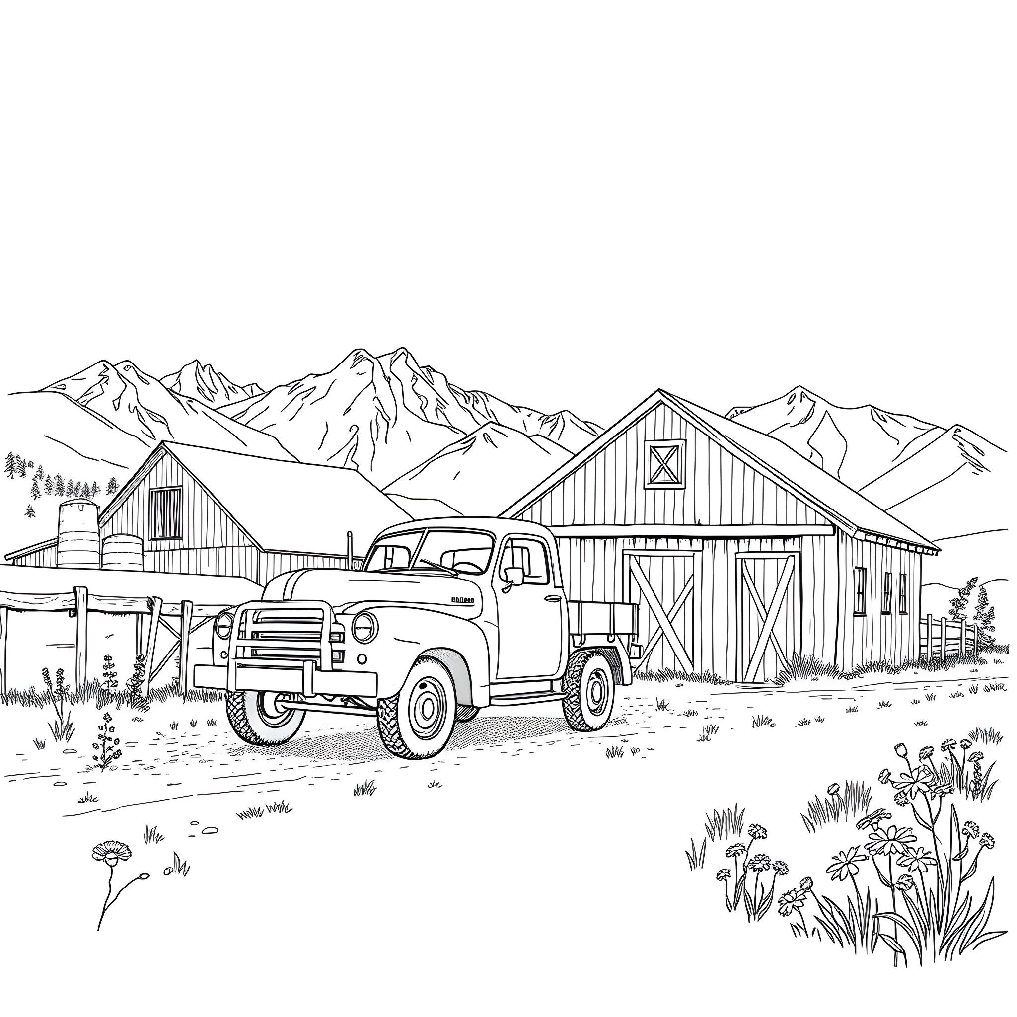 Truck parked in front of a rustic barn near mountains Coloring Page (free black-and-white line drawing printable PDF for all, from beginners to advanced learners, including children, teens, adults, and seniors)