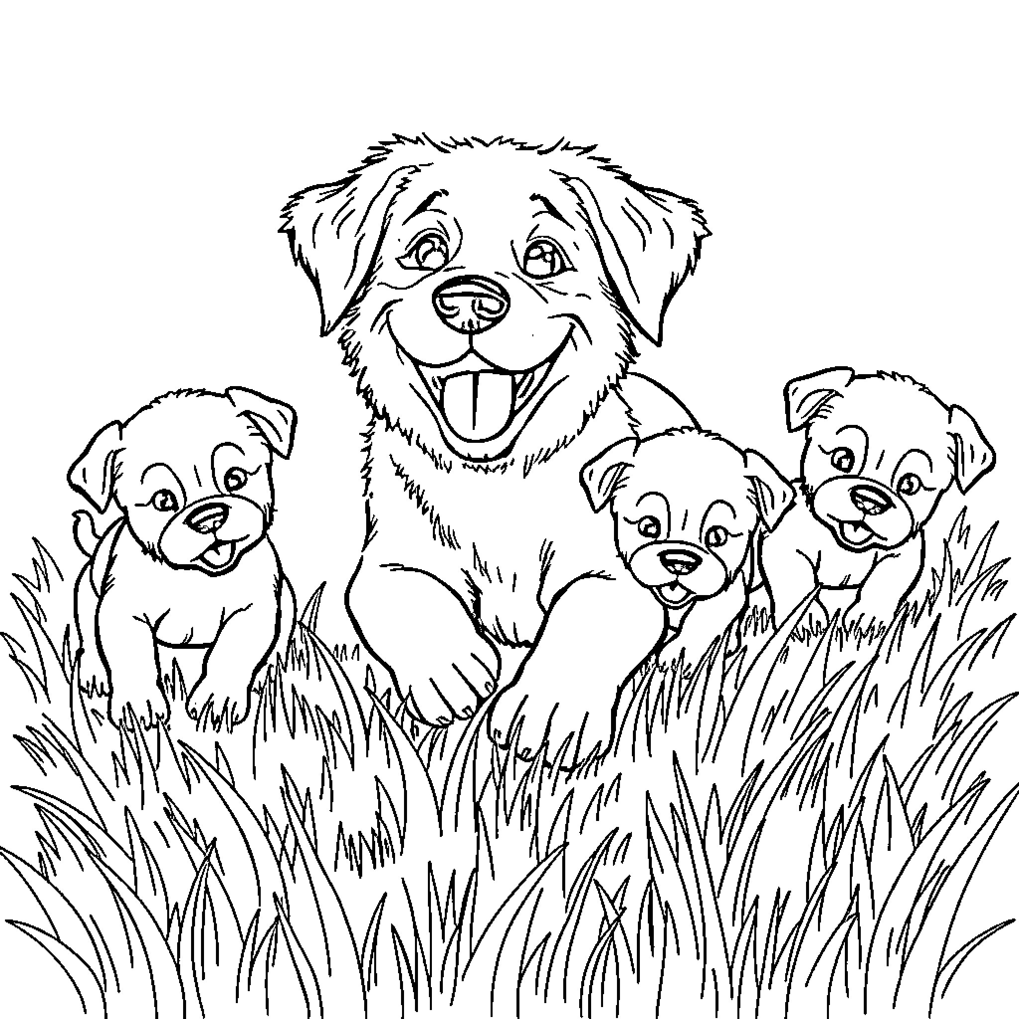 Dog family playing in the grass Coloring Page (free black-and-white line drawing printable PDF for all, from beginners to advanced learners, including children, teens, adults, and seniors)
