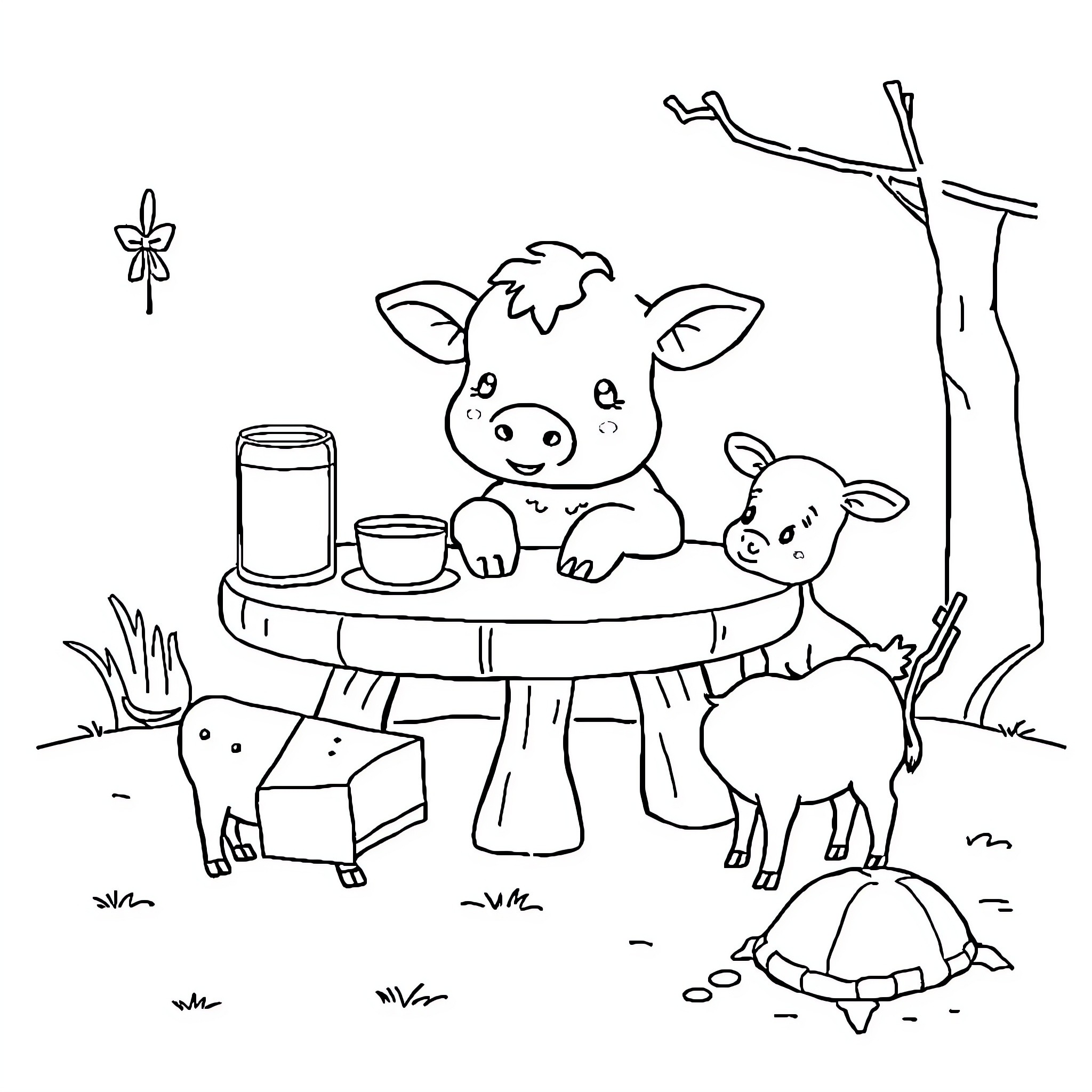 Cow family enjoying a meal together in the countryside Coloring Page (free black-and-white line drawing printable PDF for all, from beginners to advanced learners, including children, teens, adults, and seniors)