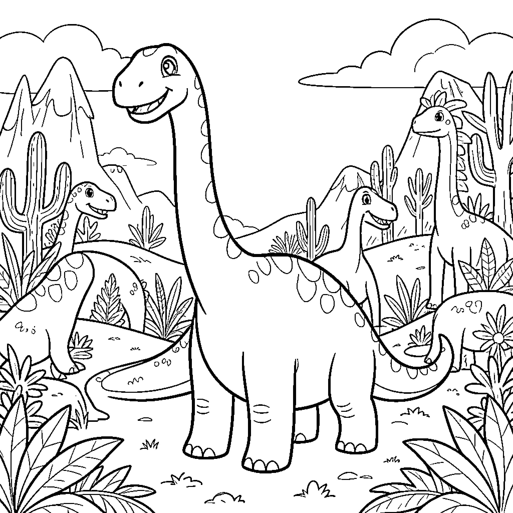 Brachiosaurus enjoying a peaceful day in the prehistoric landscape Coloring Page (free black-and-white line drawing printable PDF for all, from beginners to advanced learners, including children, teens, adults, and seniors)