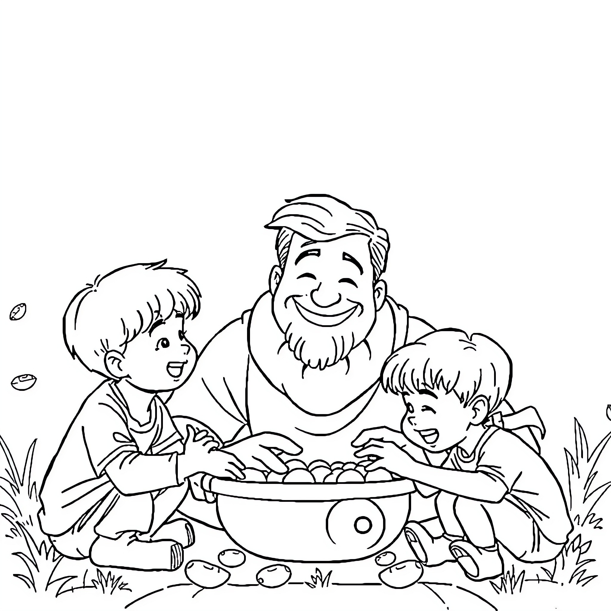 Step Dad Enjoying Nature with Kids Coloring Page (free black-and-white line drawing printable PDF for all, from beginners to advanced learners, including children, teens, adults, and seniors)