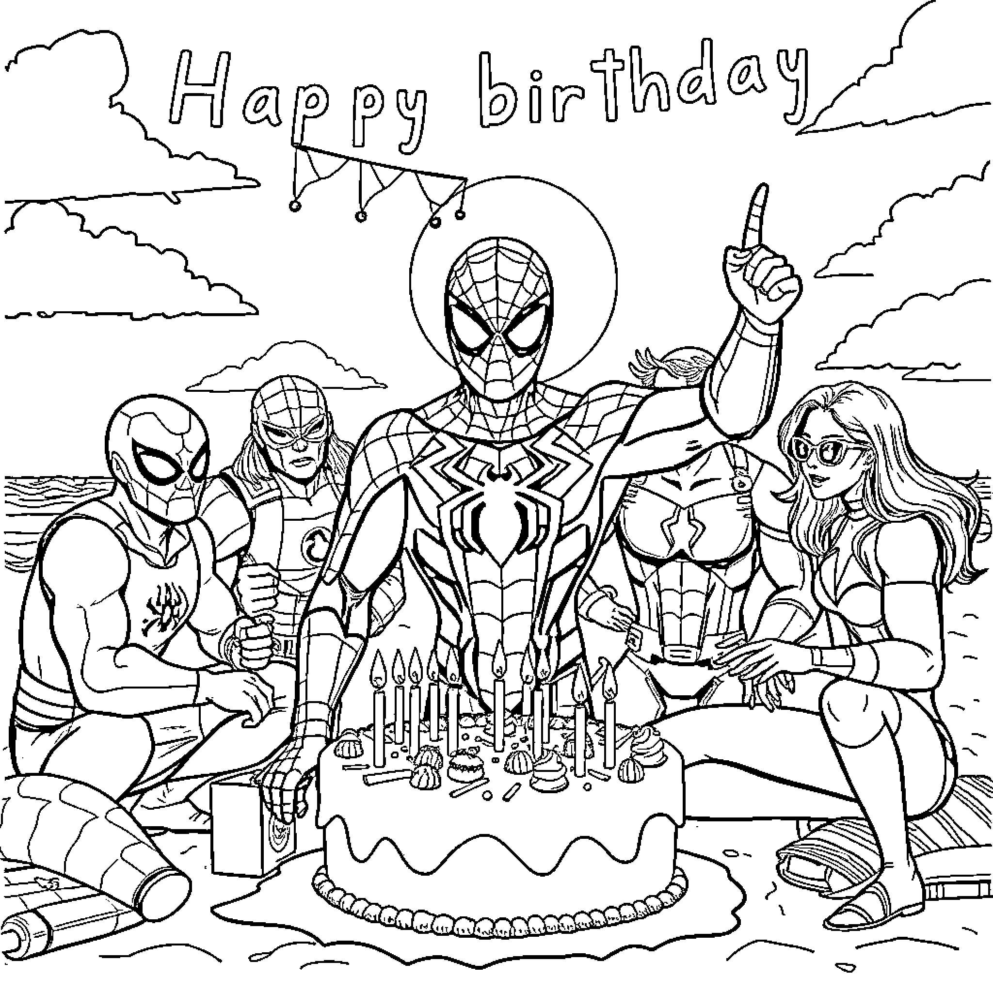 Spider-Man celebrating birthday with friends Coloring Page (free black-and-white line drawing printable PDF for all, from beginners to advanced learners, including children, teens, adults, and seniors)
