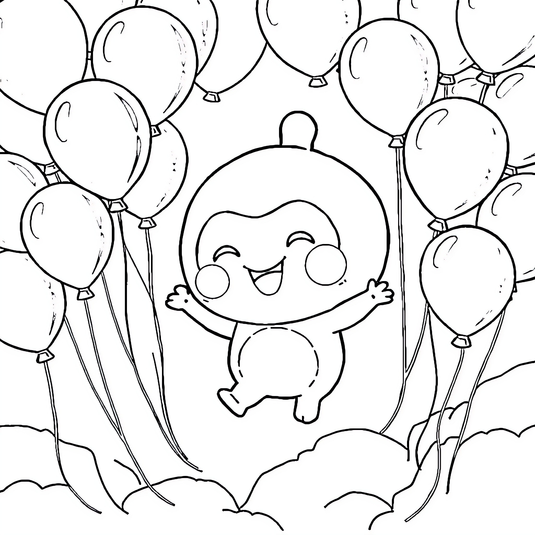 Labubu floating joyfully among balloons Coloring Page (free black-and-white line drawing printable PDF for all, from beginners to advanced learners, including children, teens, adults, and seniors)