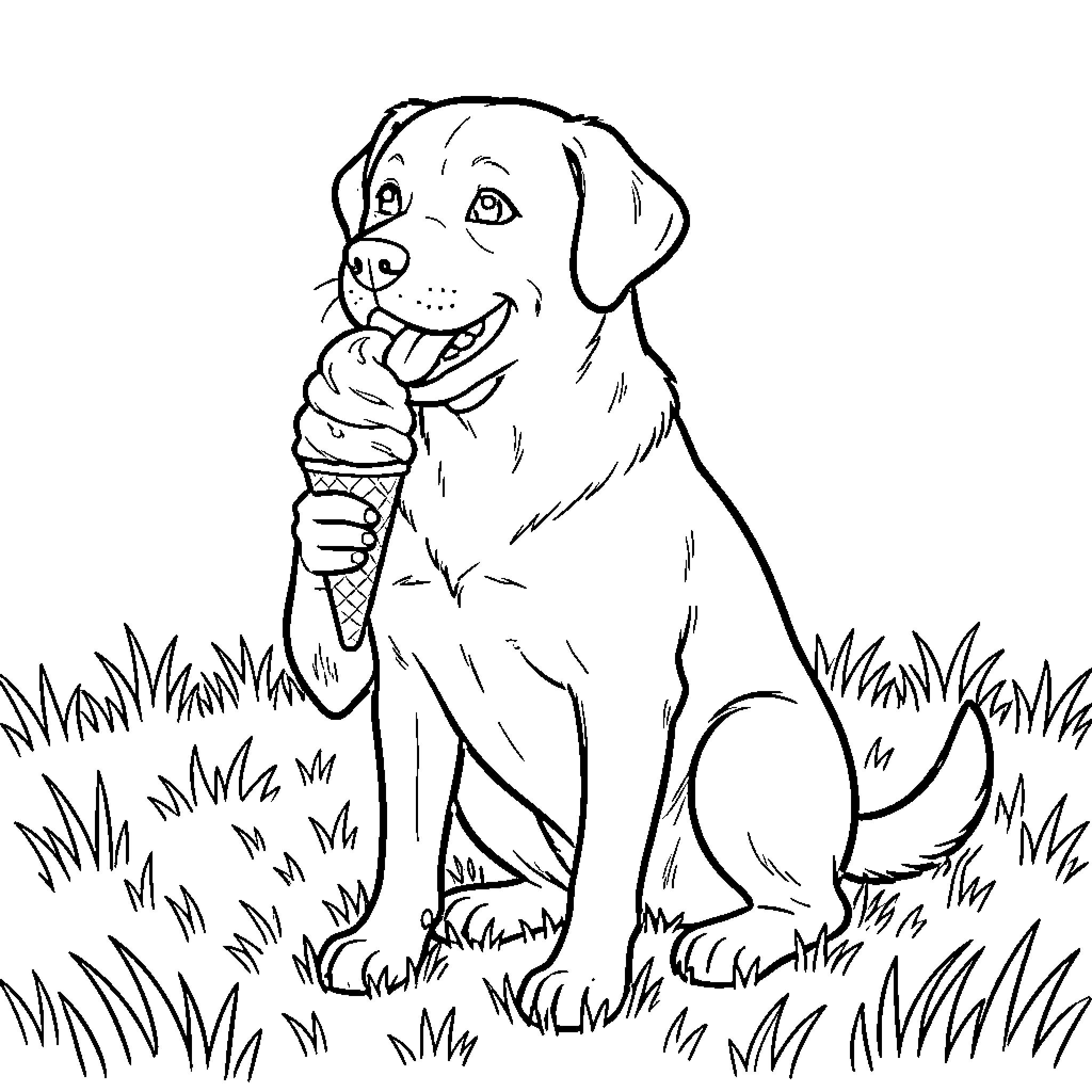 Labrador sitting in the grass eating ice cream Coloring Page (free black-and-white line drawing printable PDF for all, from beginners to advanced learners, including children, teens, adults, and seniors)
