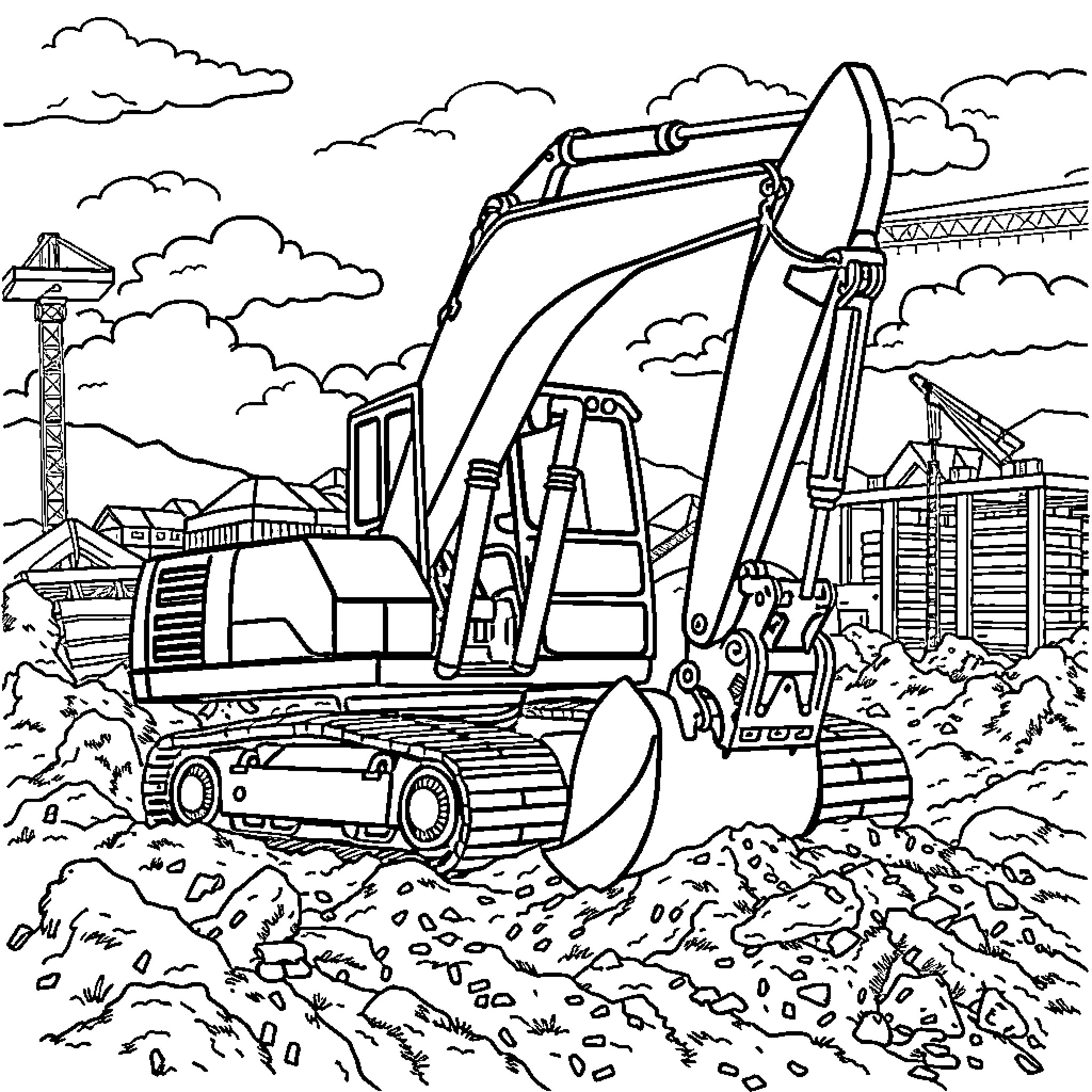 Excavator operating on a construction site Coloring Page (free black-and-white line drawing printable PDF for all, from beginners to advanced learners, including children, teens, adults, and seniors)