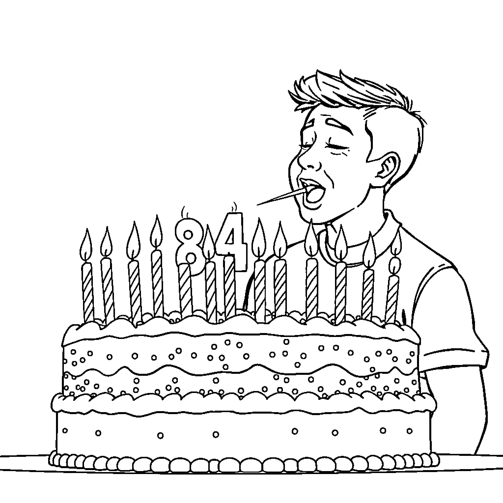 Man blowing birthday cake candles Coloring Page (free black-and-white line drawing printable PDF for all, from beginners to advanced learners, including children, teens, adults, and seniors)