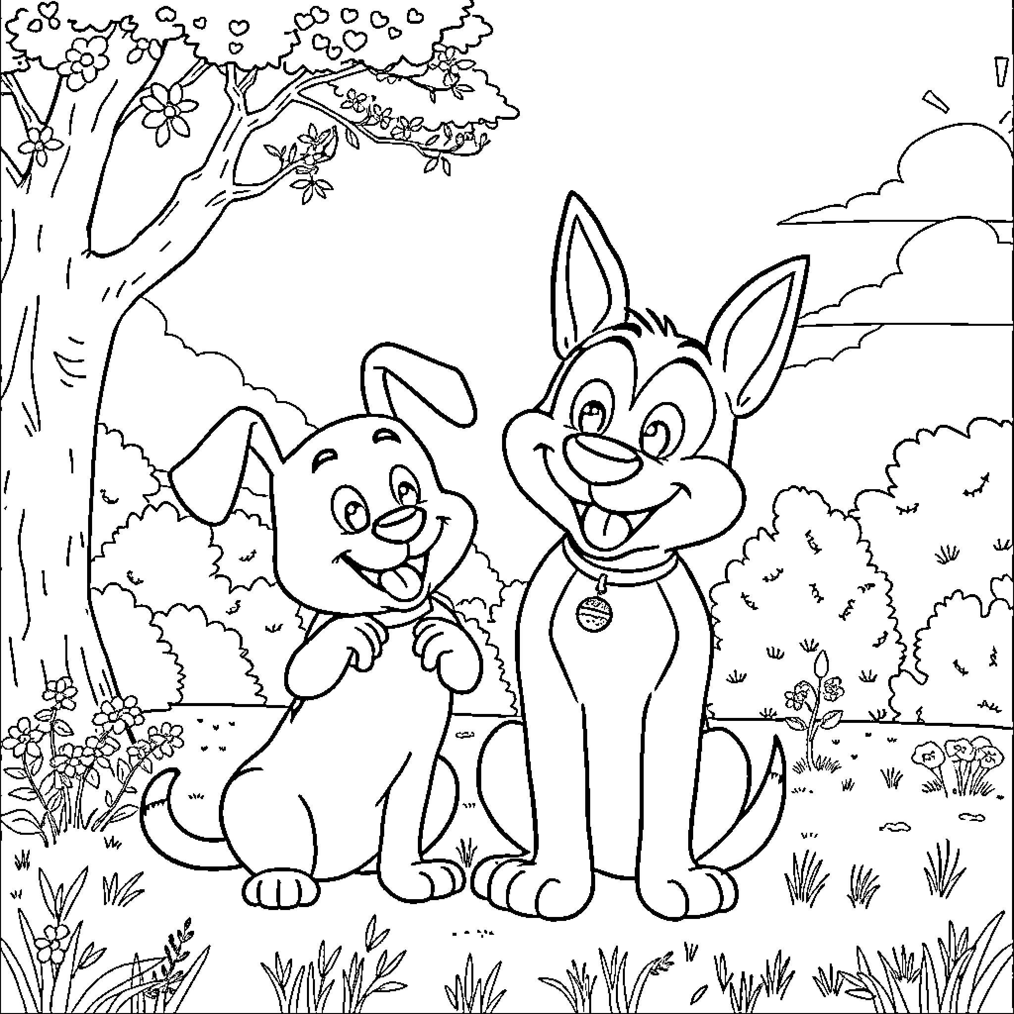 Buley Bunnies Playing Happily in the Flowery Meadow Coloring Page (free black-and-white line drawing printable PDF for all, from beginners to advanced learners, including children, teens, adults, and seniors)
