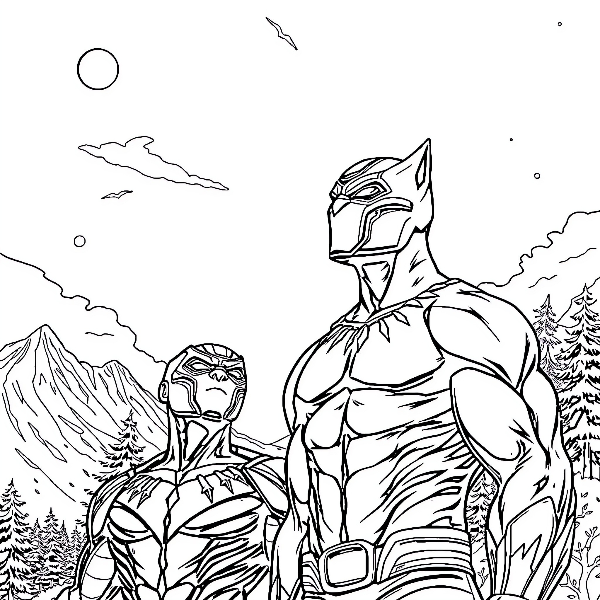 Black Panther Warriors in Heroic Pose Coloring Page (free black-and-white line drawing printable PDF for all, from beginners to advanced learners, including children, teens, adults, and seniors)
