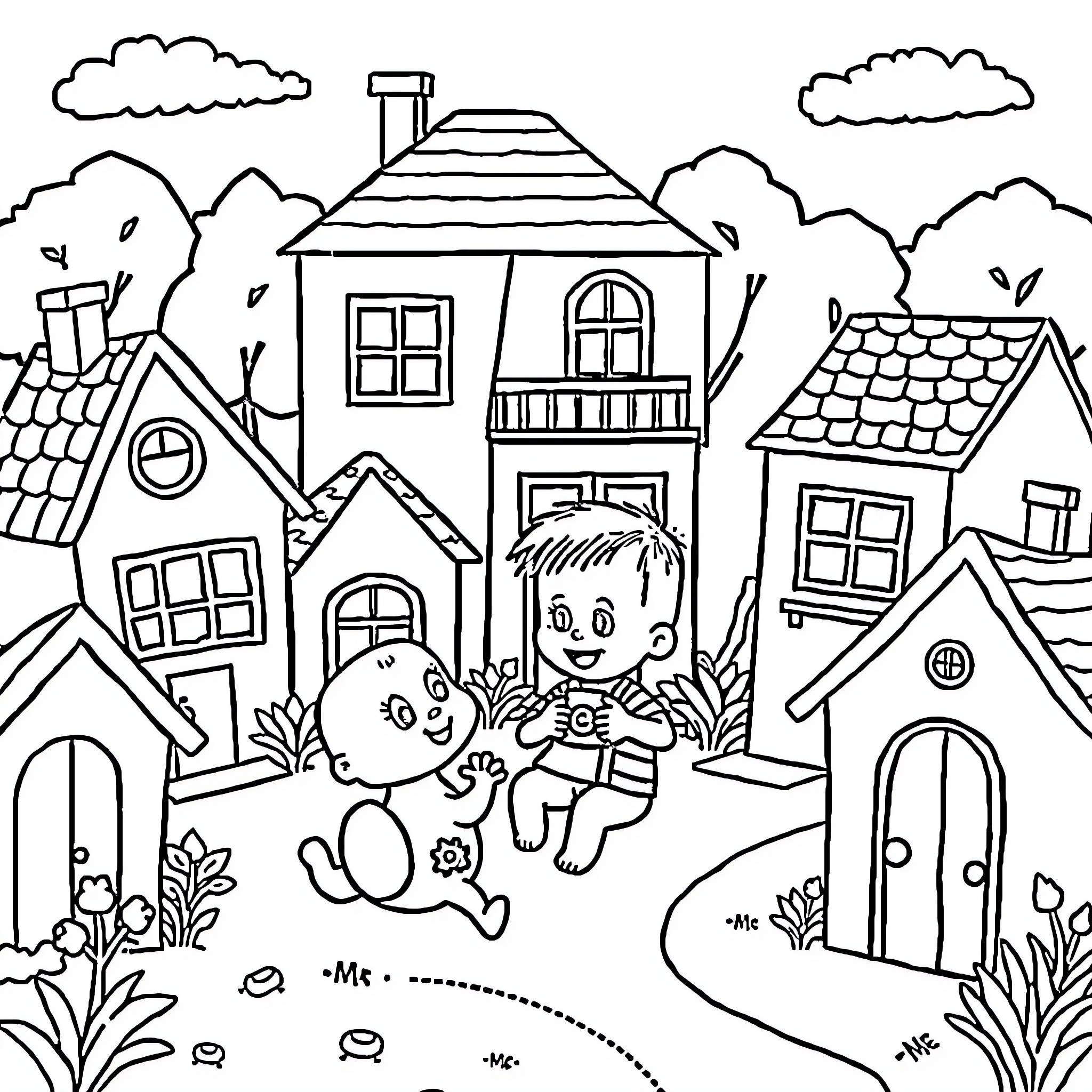 Herbie's Cheerful Neighborhood Adventure Coloring Page (free black-and-white line drawing printable PDF for all, from beginners to advanced learners, including children, teens, adults, and seniors)