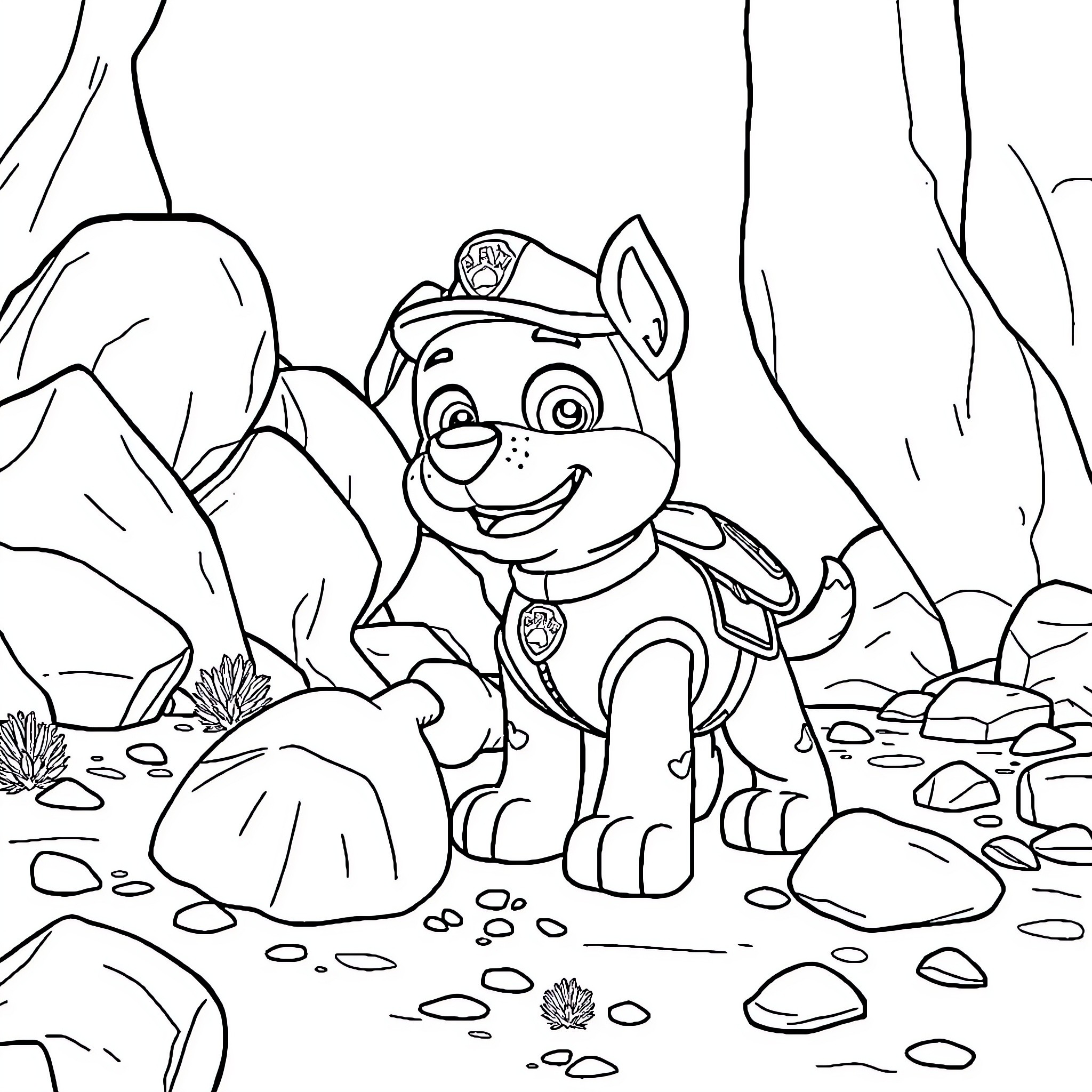 Rocky Pup's Adventurous Exploration Coloring Page (free black-and-white line drawing printable PDF for all, from beginners to advanced learners, including children, teens, adults, and seniors)