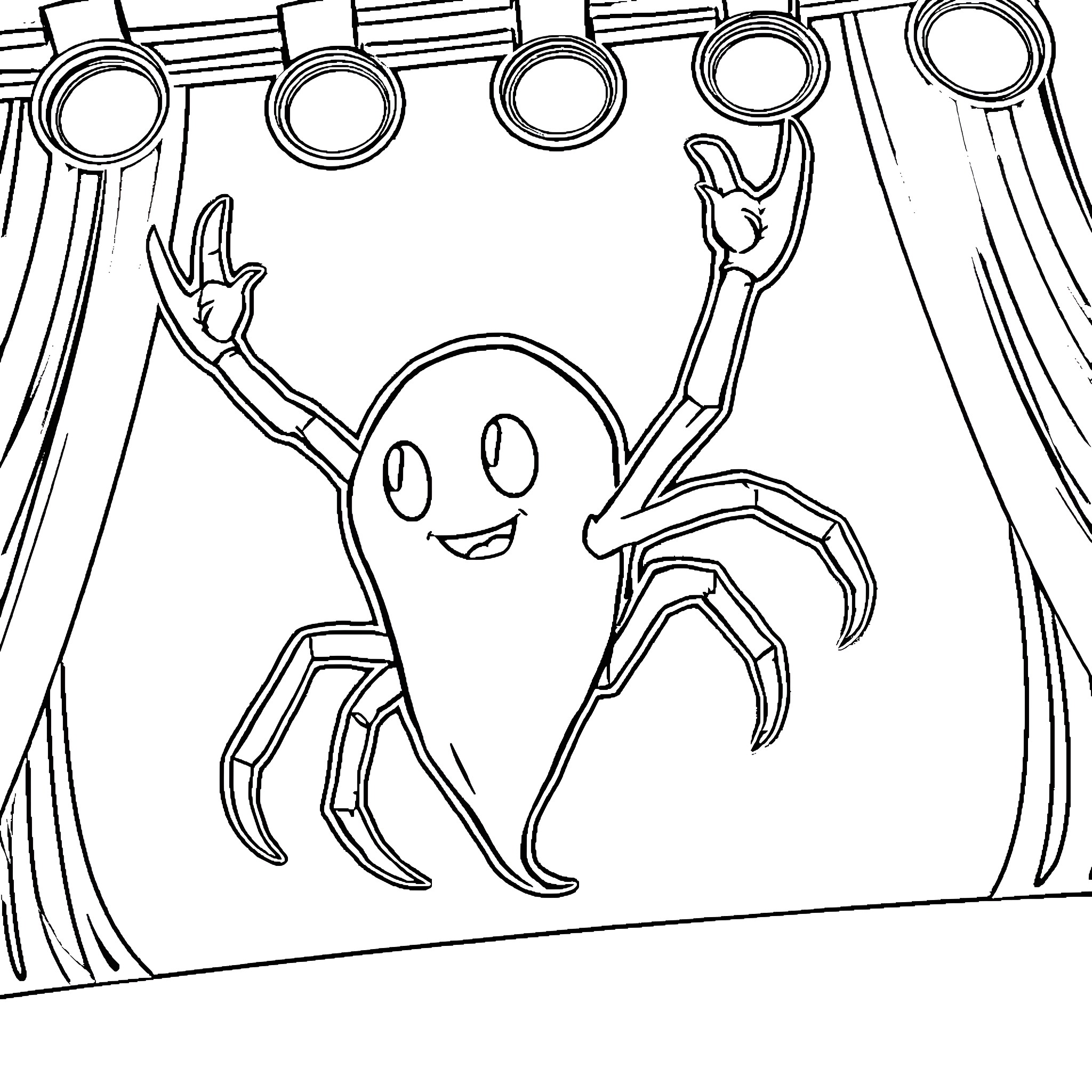 Ghost Spider performing on stage Coloring Page (free black-and-white line drawing printable PDF for all, from beginners to advanced learners, including children, teens, adults, and seniors)