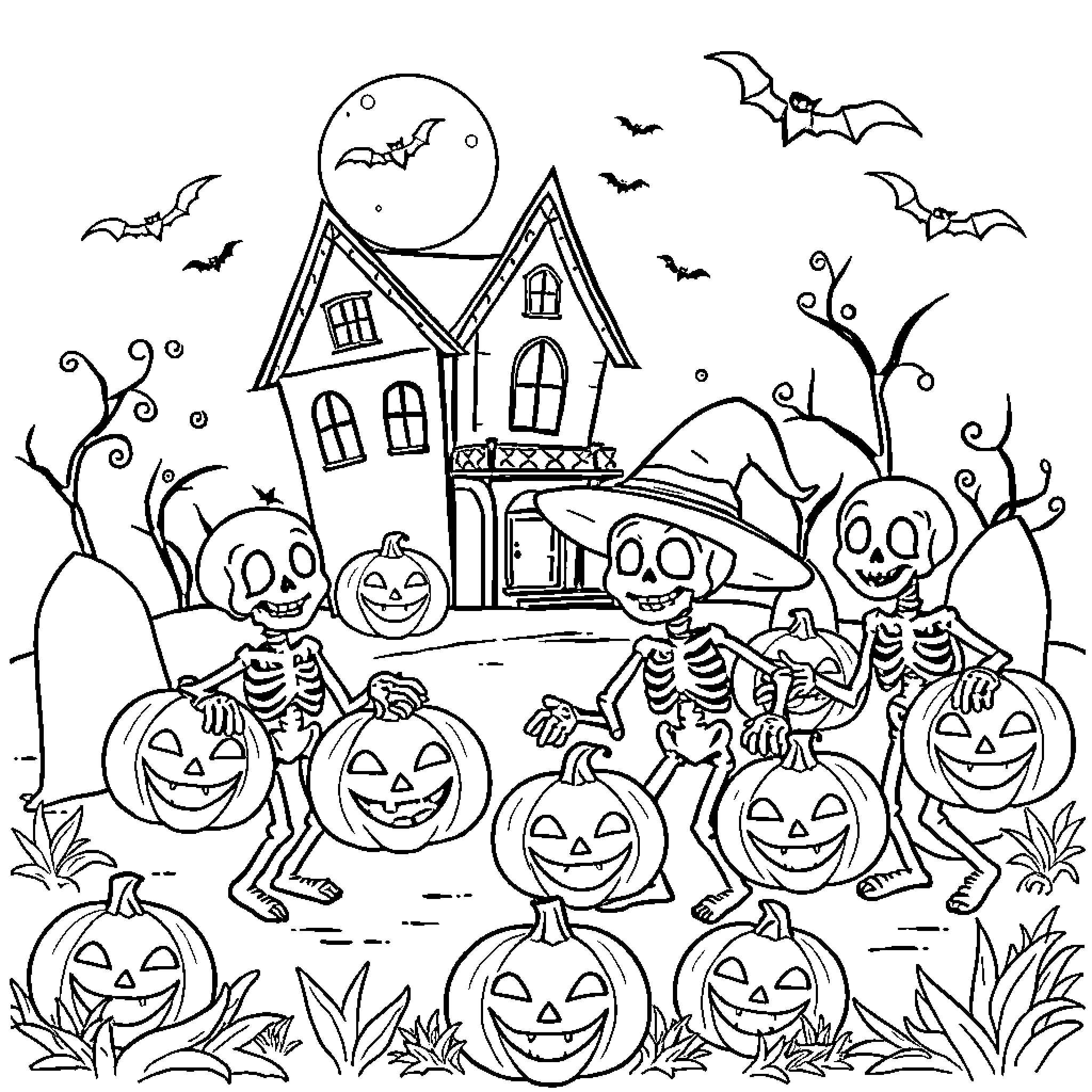 Halloween spooky night scene with haunted house and dancing skeletons Coloring Page (free black-and-white line drawing printable PDF for all, from beginners to advanced learners, including children, teens, adults, and seniors)