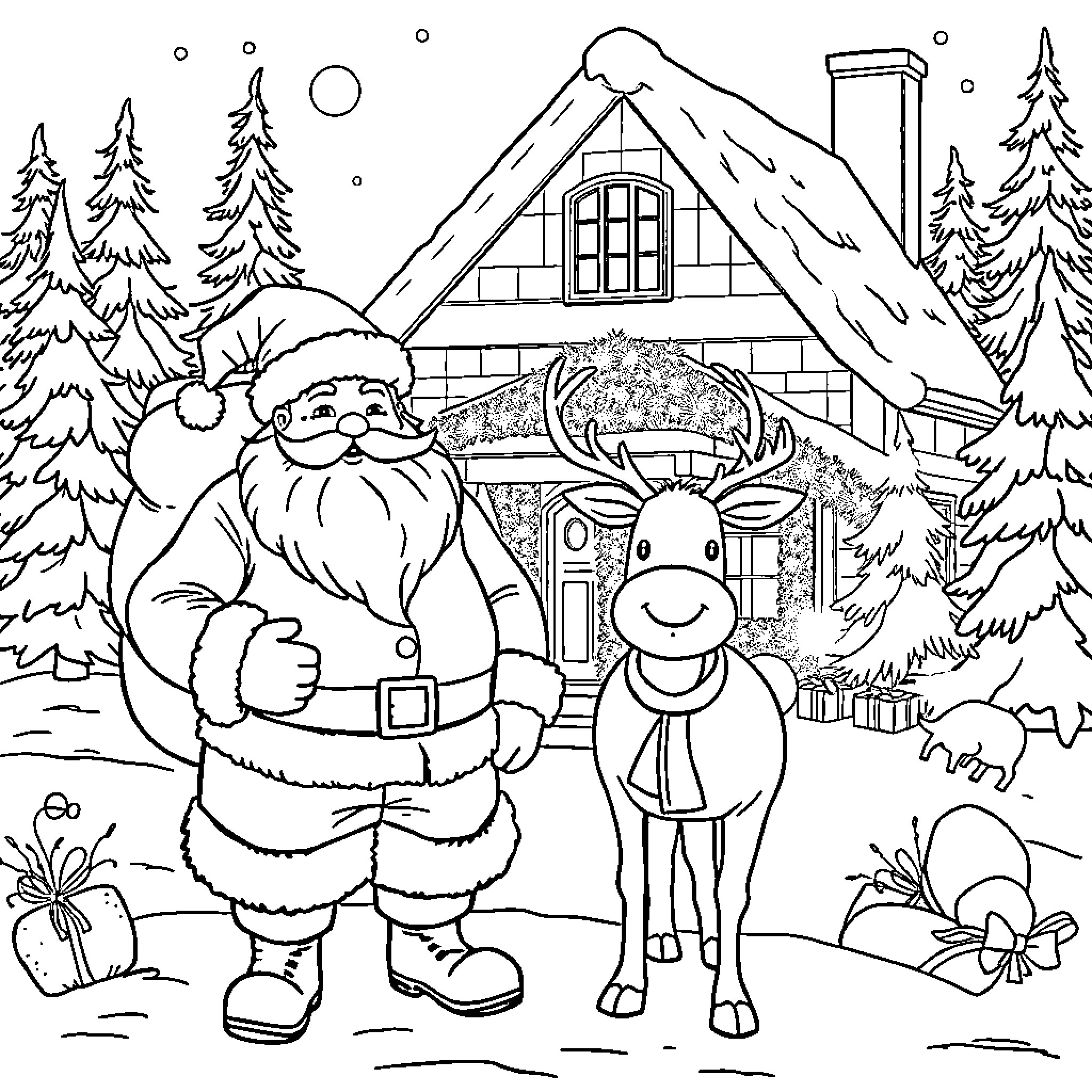 Santa Claus and Reindeer Enjoying Winter Wonderland Coloring Page (free black-and-white line drawing printable PDF for all, from beginners to advanced learners, including children, teens, adults, and seniors)
