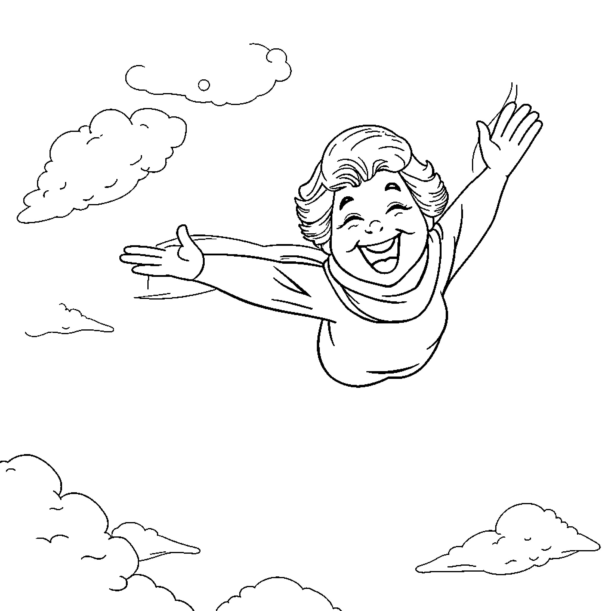 Grandma enjoying a joyful day in the clouds Coloring Page (free black-and-white line drawing printable PDF for all, from beginners to advanced learners, including children, teens, adults, and seniors)