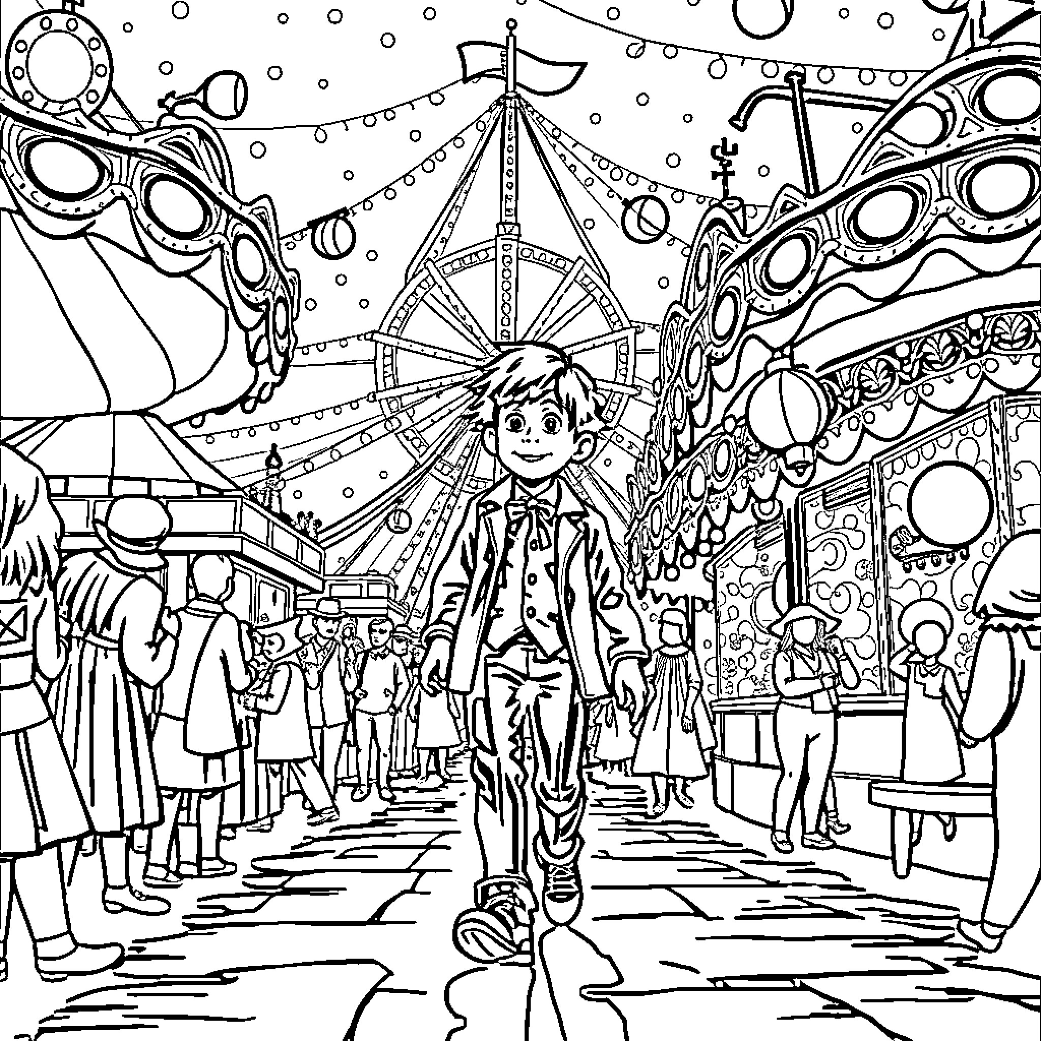 Oliver Twist's Adventure at the Carnival Coloring Page (free black-and-white line drawing printable PDF for all, from beginners to advanced learners, including children, teens, adults, and seniors)