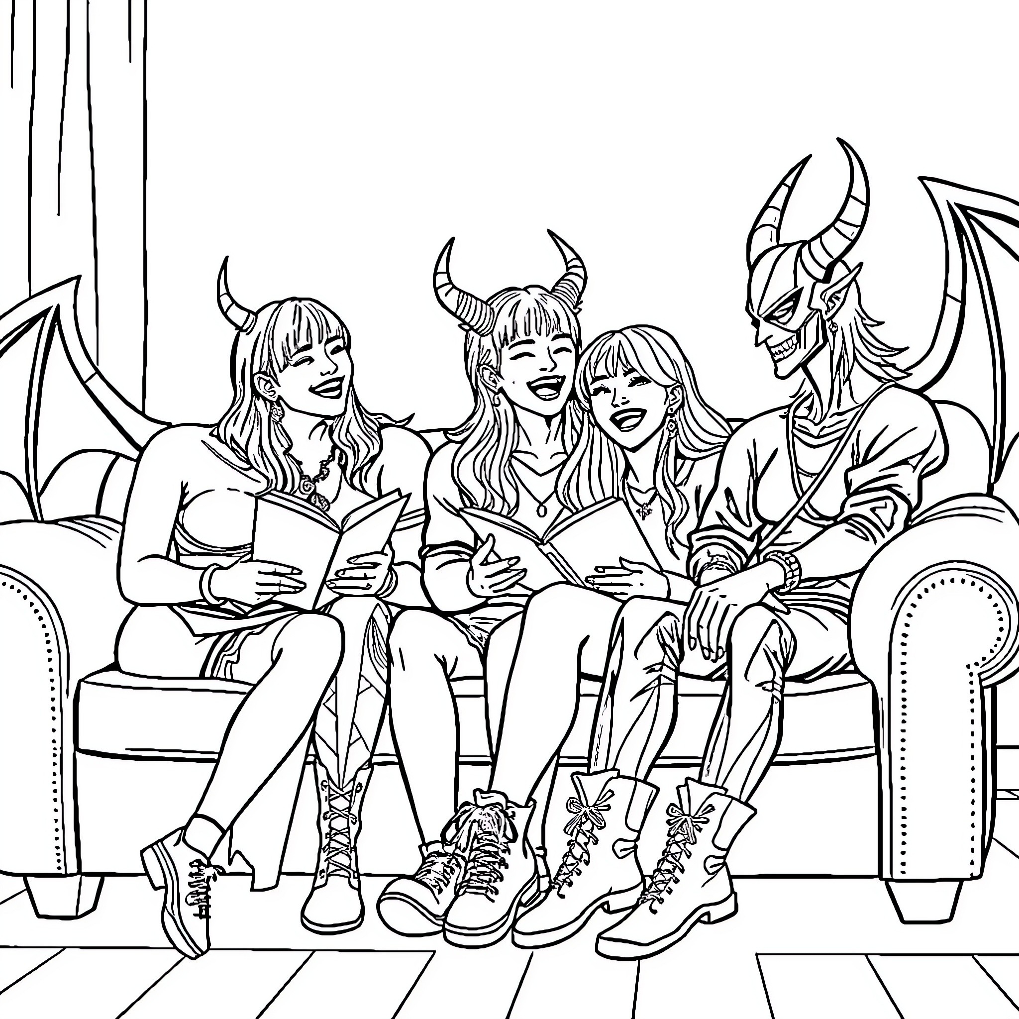 Demon Hunters enjoying a friendly gathering Coloring Page (free black-and-white line drawing printable PDF for all, from beginners to advanced learners, including children, teens, adults, and seniors)