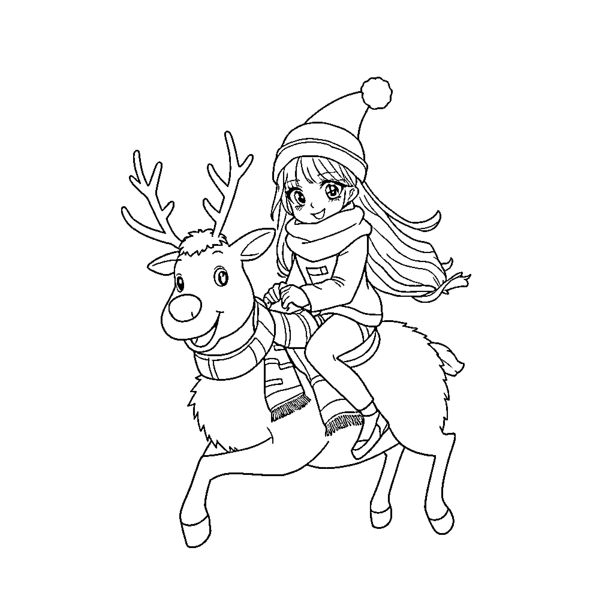 Mira riding a festive reindeer Coloring Page (free black-and-white line drawing printable PDF for all, from beginners to advanced learners, including children, teens, adults, and seniors)