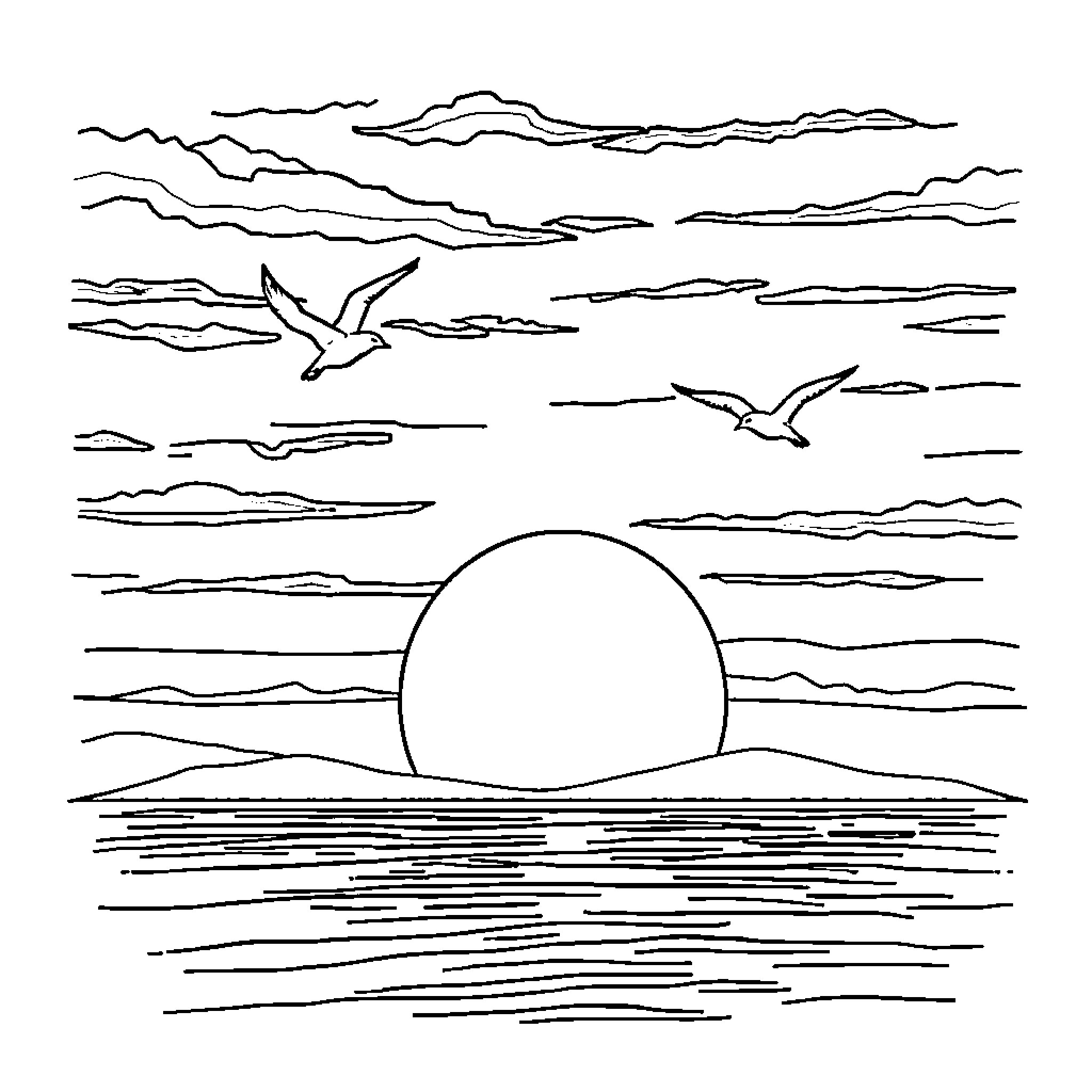 Sunset scene with birds flying over the ocean Coloring Page (free black-and-white line drawing printable PDF for all, from beginners to advanced learners, including children, teens, adults, and seniors)
