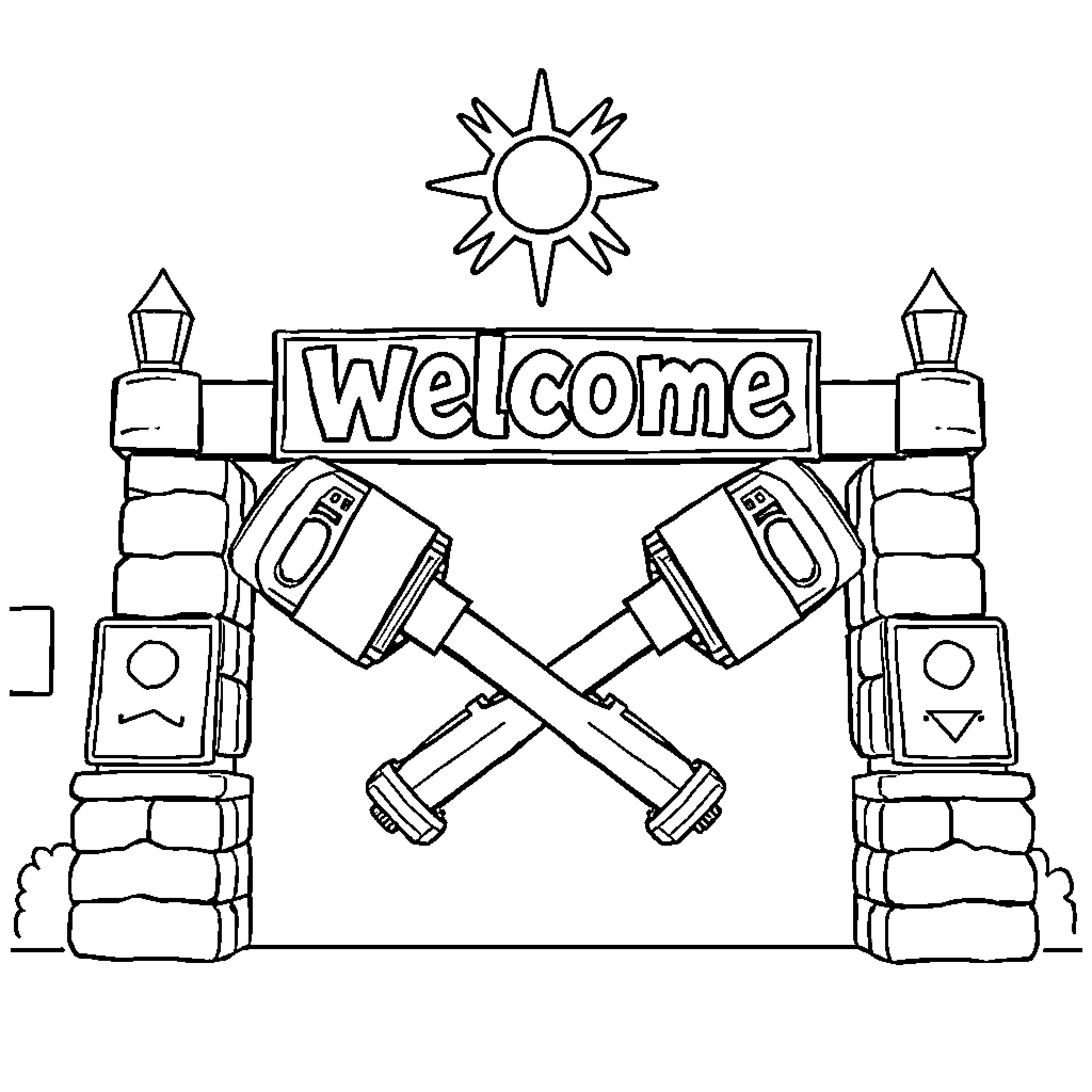 Piston-powered welcome sign with crossed pistons Coloring Page (free black-and-white line drawing printable PDF for all, from beginners to advanced learners, including children, teens, adults, and seniors)