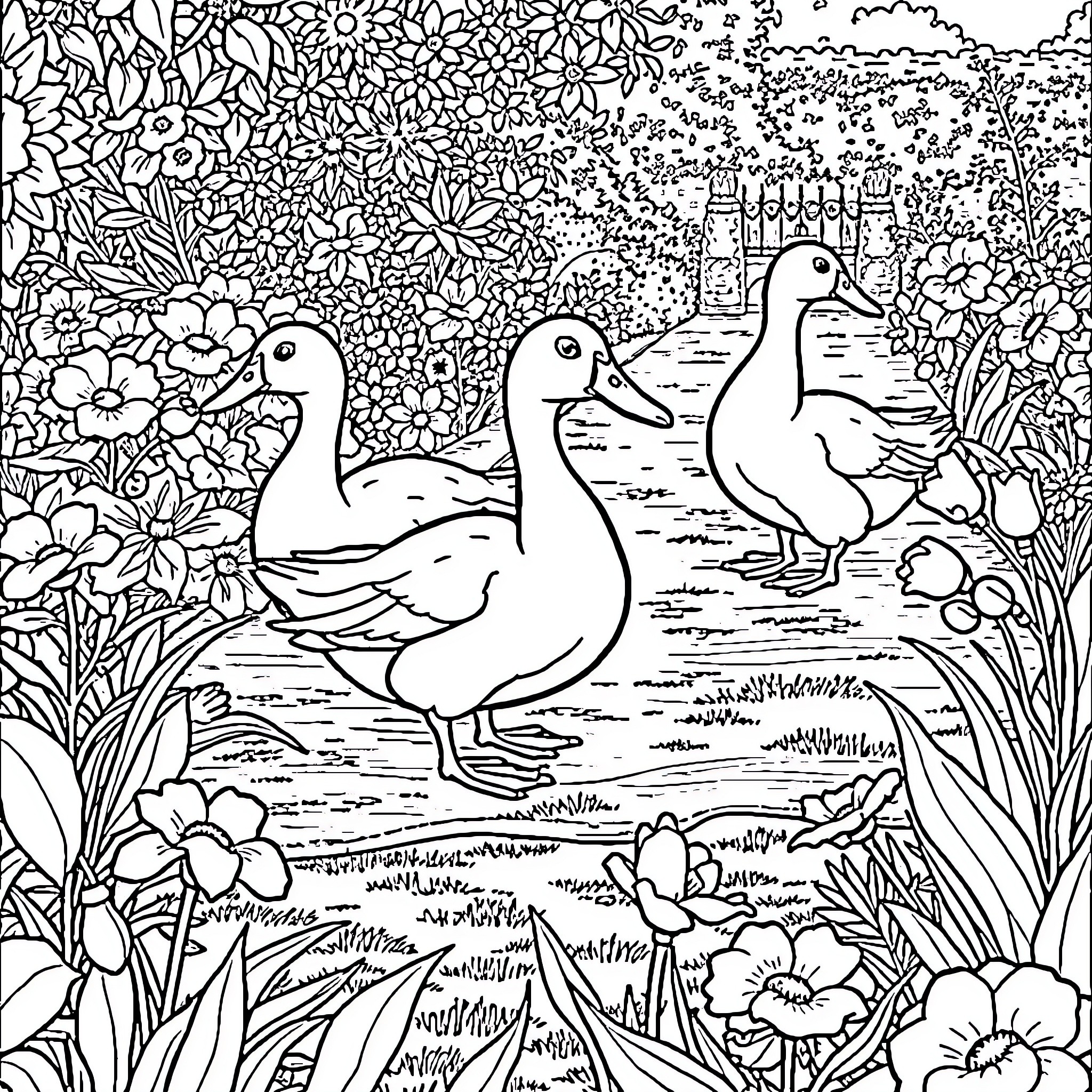 Duck family exploring a lush, floral landscape Coloring Page (free black-and-white line drawing printable PDF for all, from beginners to advanced learners, including children, teens, adults, and seniors)