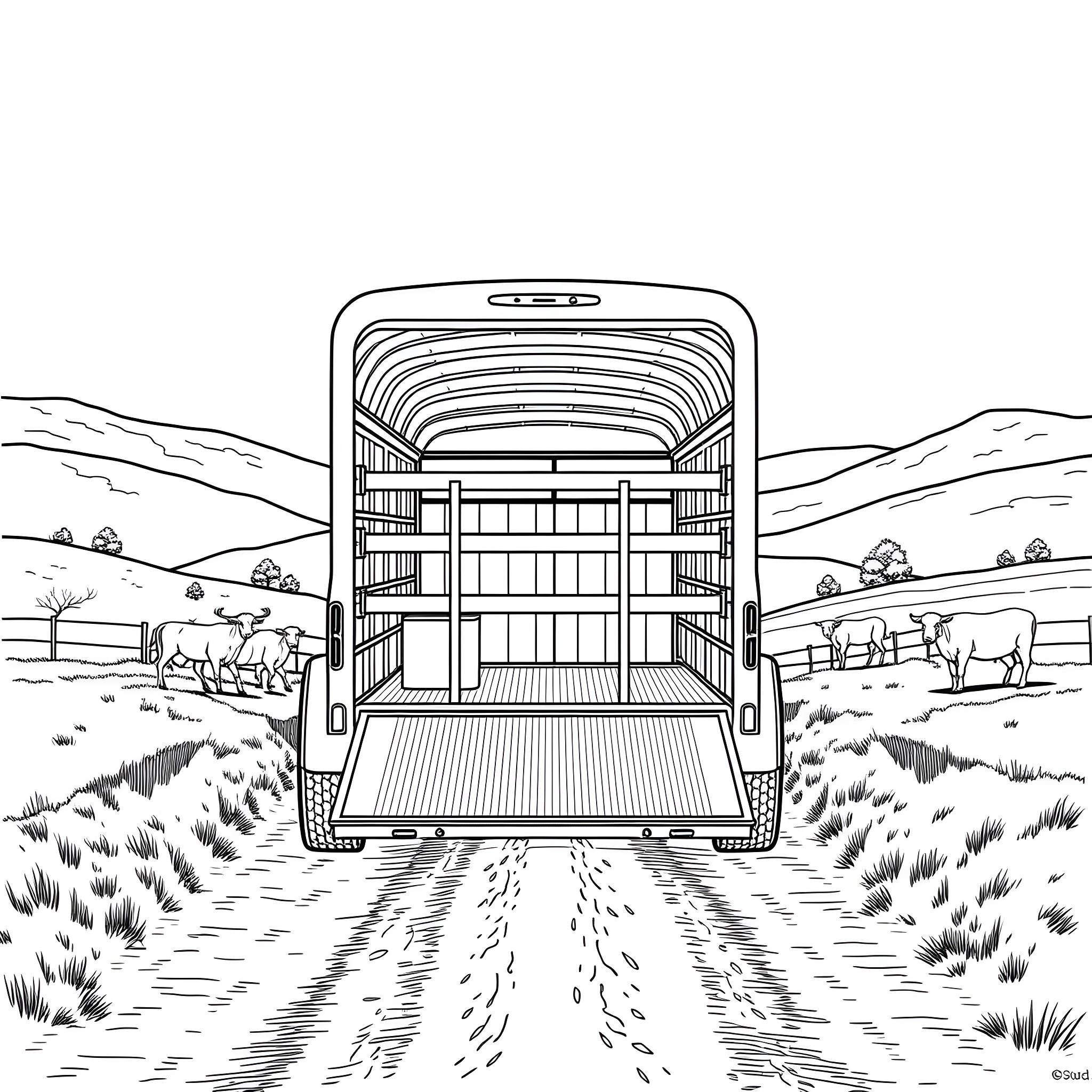 Livestock Trailer Transporting Farm Animals in Rural Countryside Coloring Page (free black-and-white line drawing printable PDF for all, from beginners to advanced learners, including children, teens, adults, and seniors)