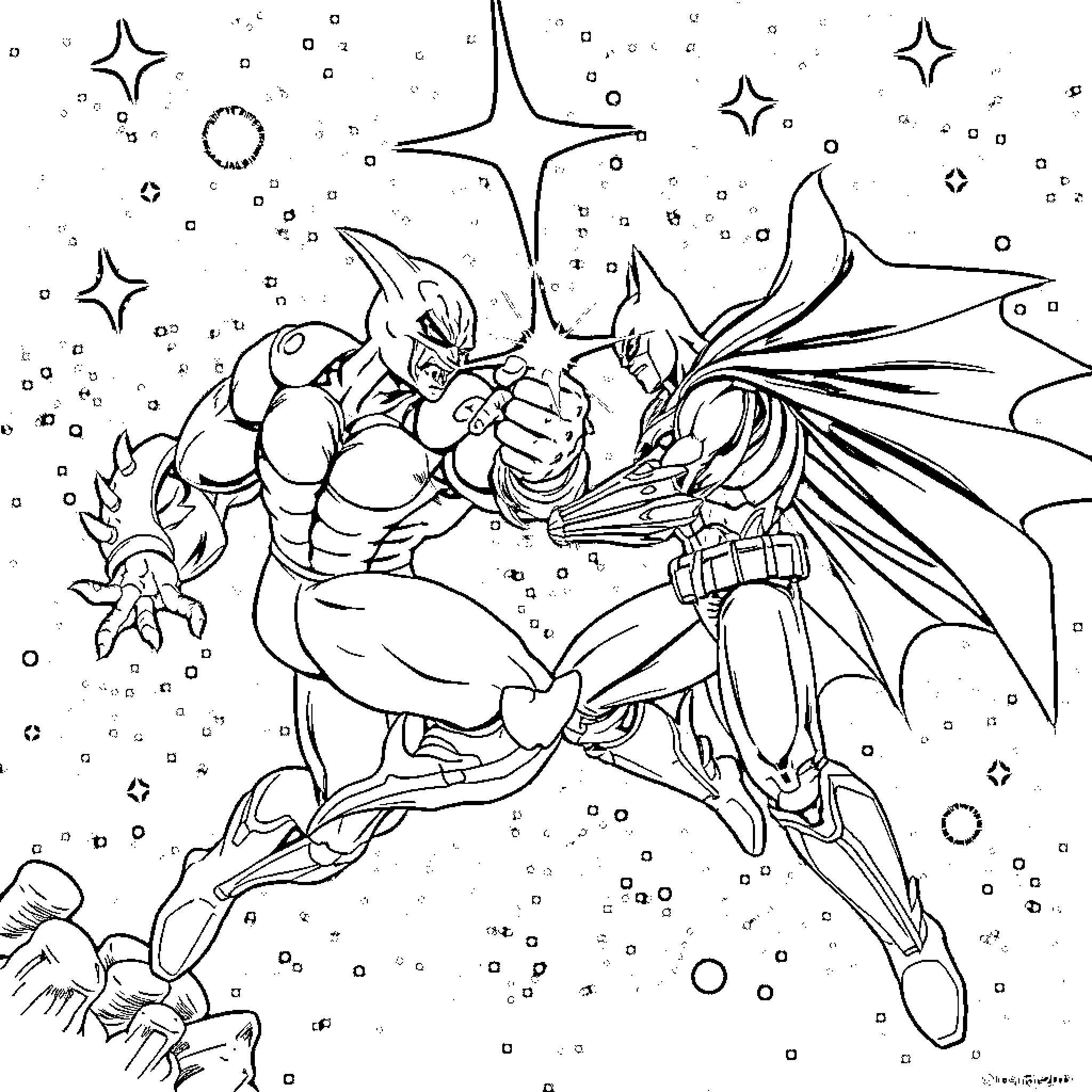 Freeza battling against a powerful warrior in space Coloring Page (free black-and-white line drawing printable PDF for all, from beginners to advanced learners, including children, teens, adults, and seniors)