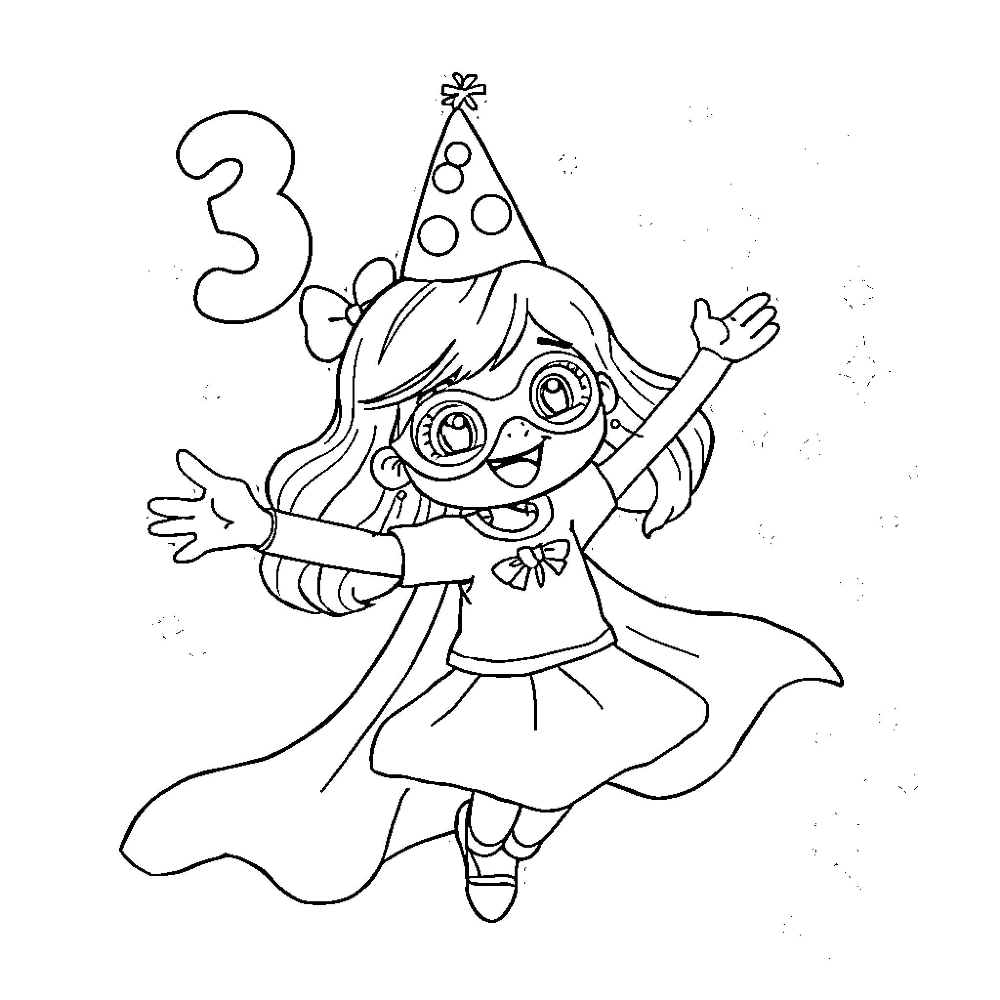 Birthday Girl Celebrating with Colorful Party Hat Coloring Page (free black-and-white line drawing printable PDF for all, from beginners to advanced learners, including children, teens, adults, and seniors)